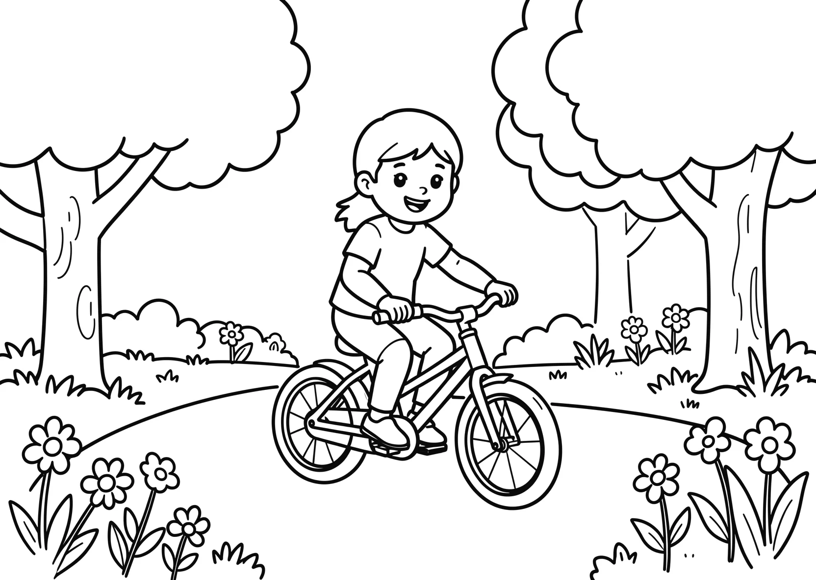 Ausmalbild Kinder fahren Fahrrad in einem Park mit Bäumen - Ausmalbild aus der Kategorie Fahrzeuge - kostenlos ausdrucken