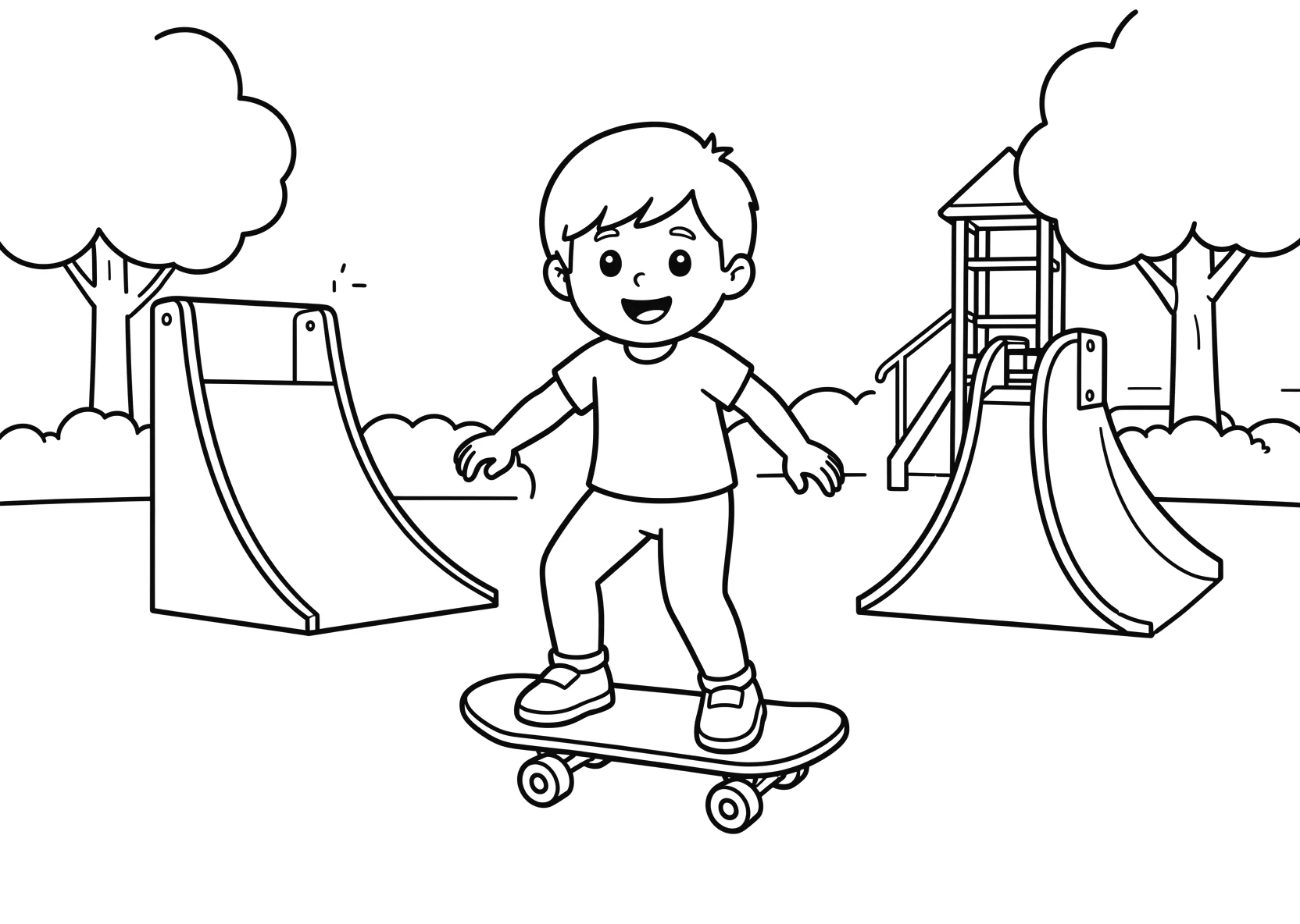 Ausmalbild Kinder fahren Skateboard in einem Park mit Rampen - Ausmalbild aus der Kategorie Fahrzeuge - kostenlos ausdrucken
