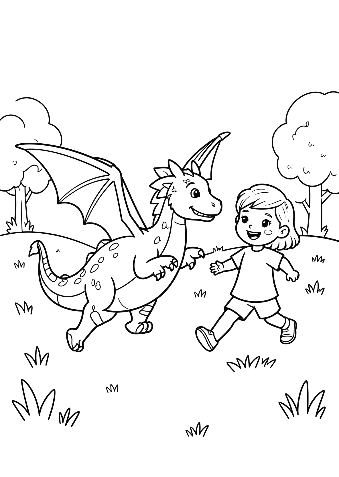 Ausmalbild Kinder laufen mit einem Drachen über eine Wiese - Ausmalbild aus der Kategorie Maerchen - kostenlos ausdrucken