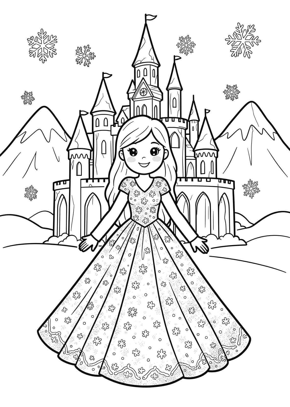 Ausmalbild Freundliche Eisprinzessin mit langem glitzernden - Ausmalbild aus der Kategorie Maerchen - kostenlos ausdrucken