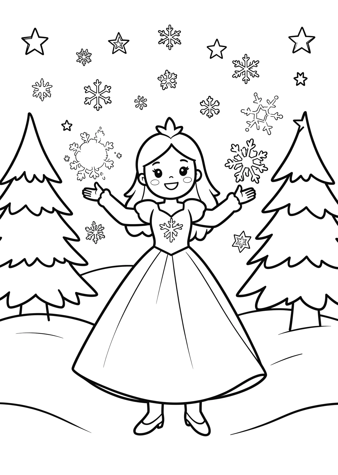 Ausmalbild Eisprinzessin zaubert Schneeflocken in einer - Ausmalbild aus der Kategorie Maerchen - kostenlos ausdrucken