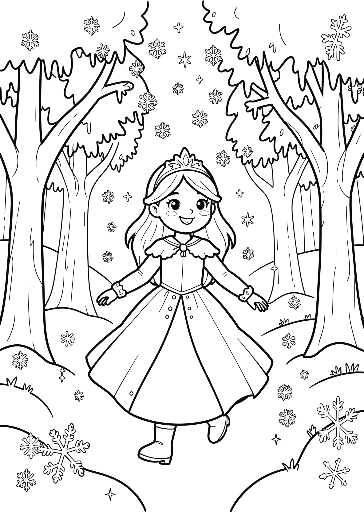 Ausmalbild Junge Eisprinzessin läuft durch einen Winterwald - Ausmalbild aus der Kategorie Maerchen - kostenlos ausdrucken