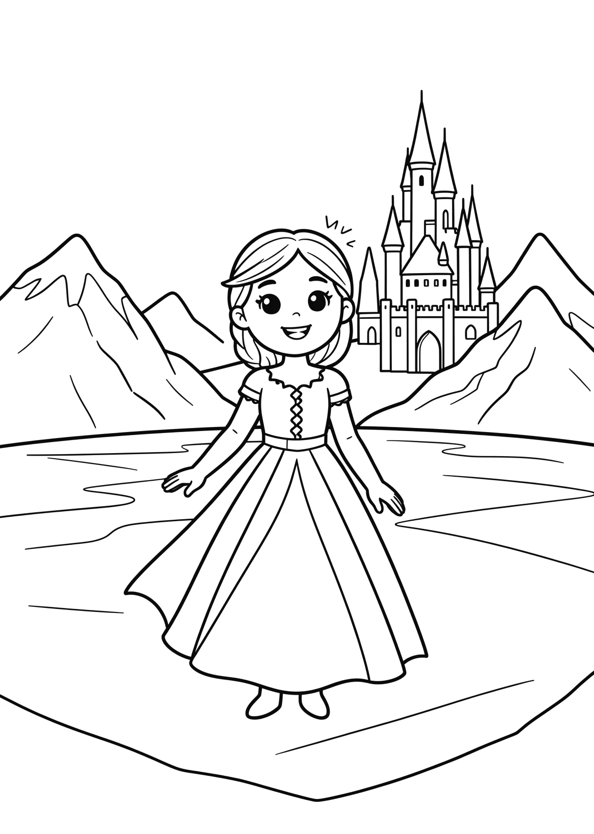 Ausmalbild Eisprinzessin steht auf einem gefrorenen See mit - Ausmalbild aus der Kategorie Maerchen - kostenlos ausdrucken