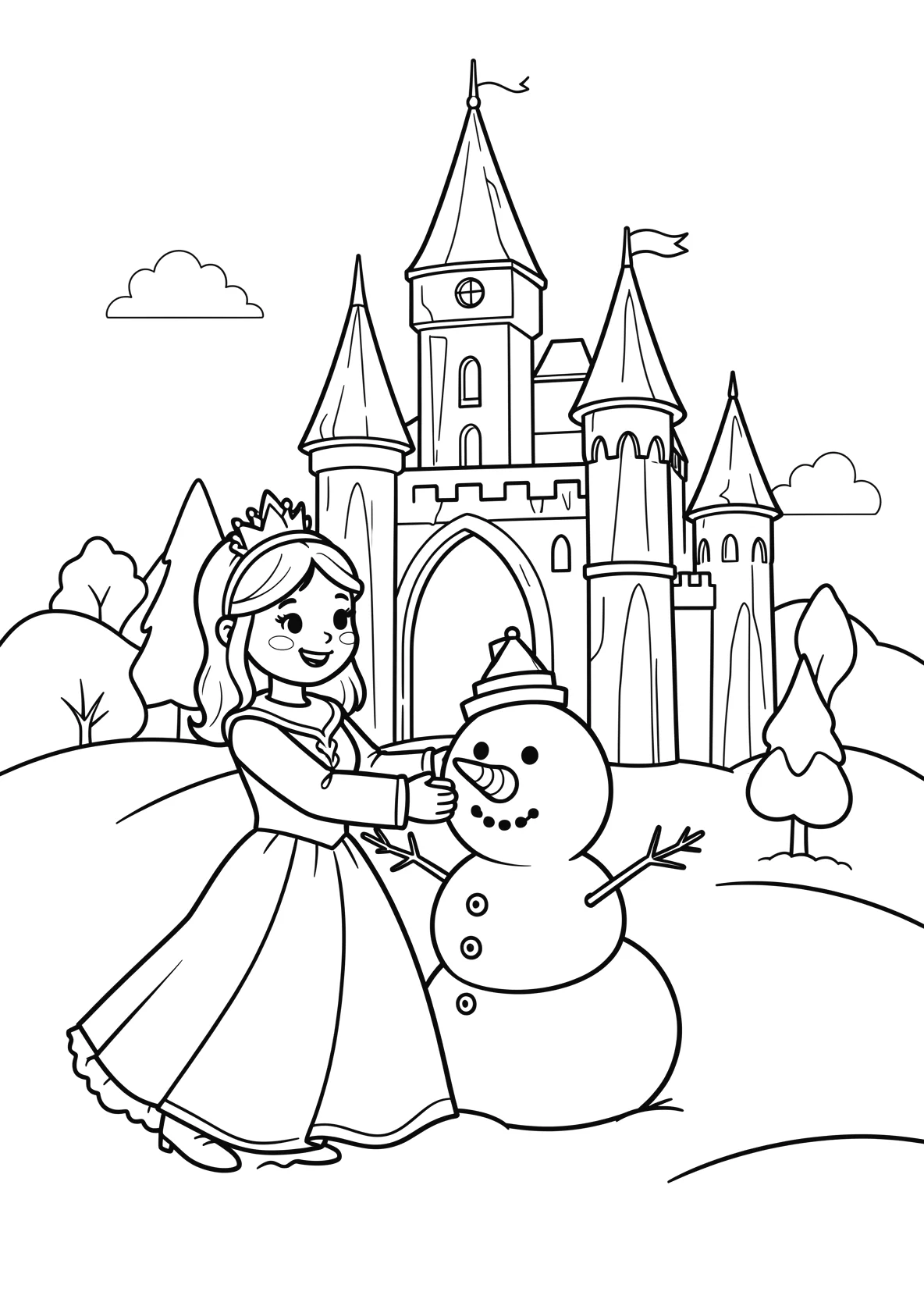 Ausmalbild Magische Eisprinzessin baut einen Schneemann vor - Ausmalbild aus der Kategorie Maerchen - kostenlos ausdrucken