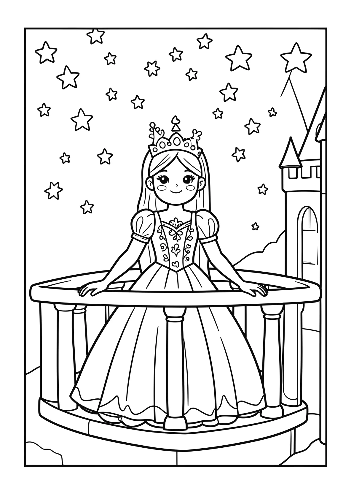 Ausmalbild Eisprinzessin steht auf einem Balkon eines - Ausmalbild aus der Kategorie Maerchen - kostenlos ausdrucken