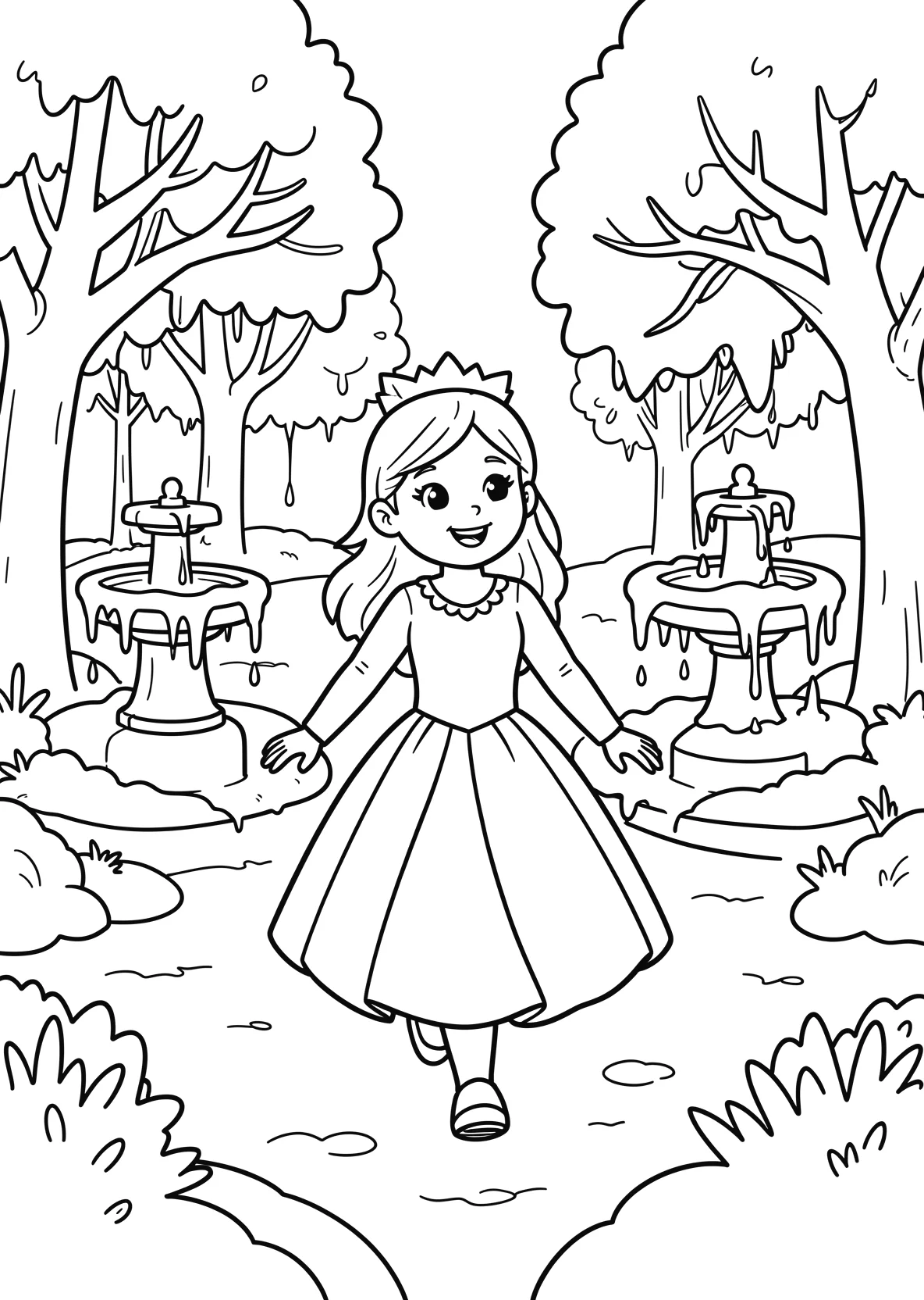 Ausmalbild Eisprinzessin läuft durch einen verschneiten - Ausmalbild aus der Kategorie Maerchen - kostenlos ausdrucken