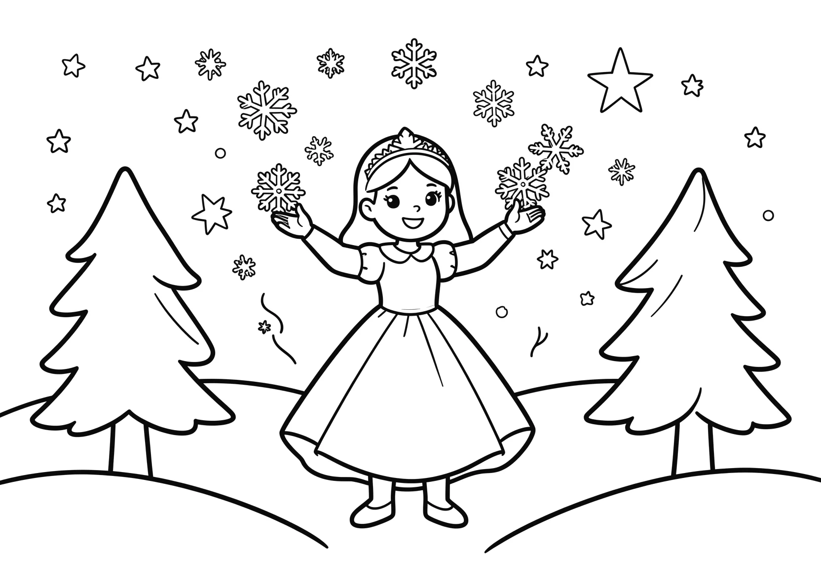 Ausmalbild Eisprinzessin zaubert Schneeflocken in einer - Ausmalbild aus der Kategorie Maerchen - kostenlos ausdrucken