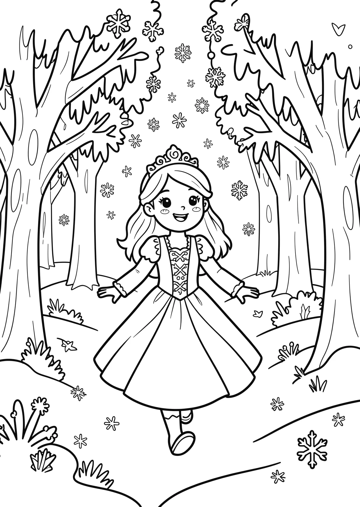 Ausmalbild Junge Eisprinzessin läuft durch einen Winterwald - Ausmalbild aus der Kategorie Maerchen - kostenlos ausdrucken