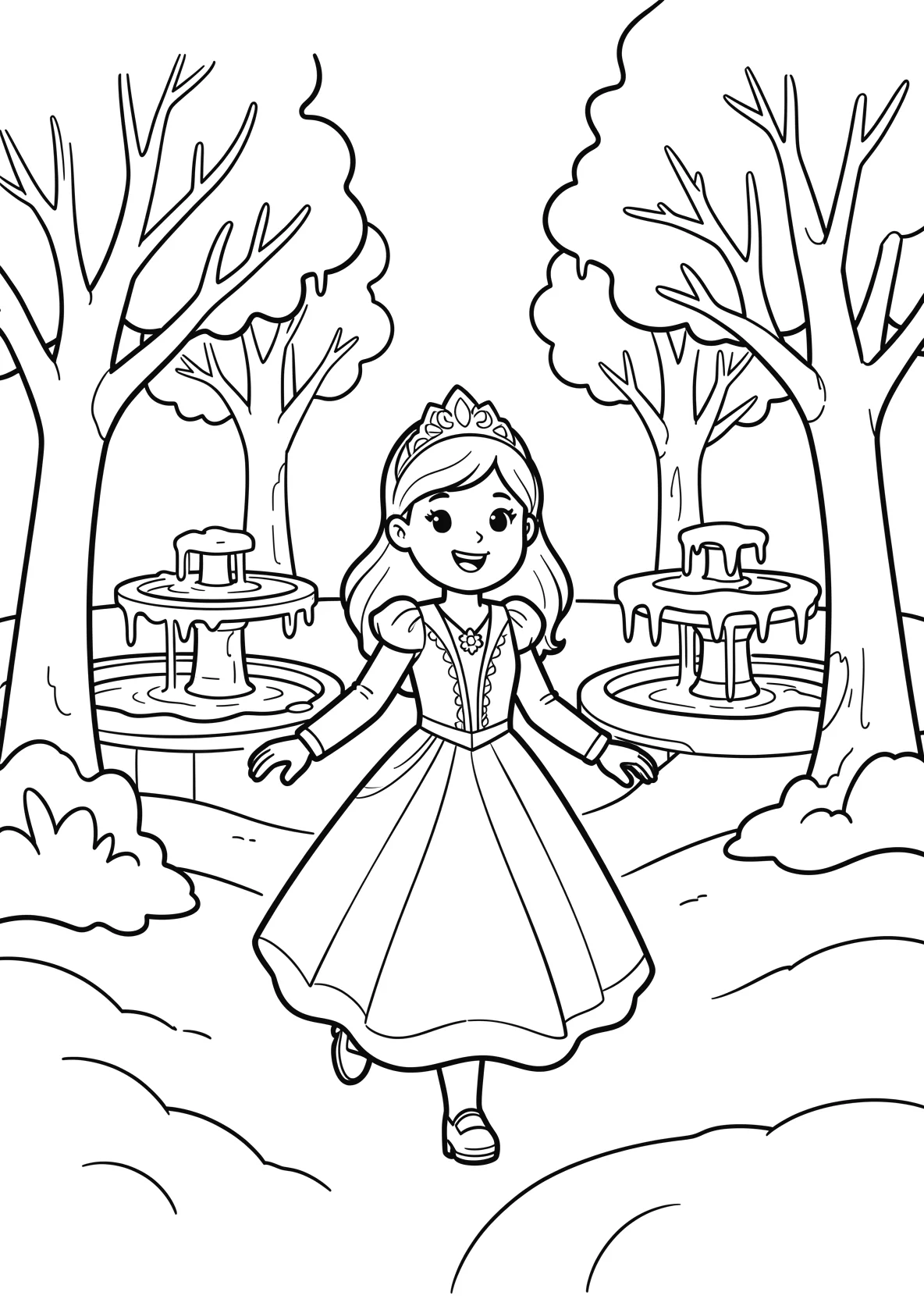 Ausmalbild Eisprinzessin läuft durch einen verschneiten - Ausmalbild aus der Kategorie Maerchen - kostenlos ausdrucken