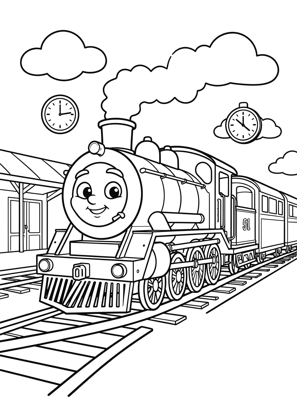 Ausmalbild Dampflok mit Gesicht steht an einem Bahnhof mit - Ausmalbild aus der Kategorie Fahrzeuge - kostenlos ausdrucken