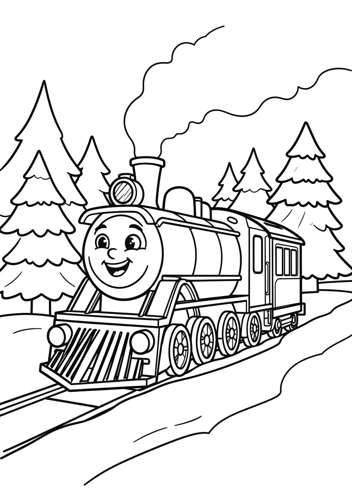 Ausmalbild Fröhliche Dampflok mit Gesicht fährt durch eine - Ausmalbild aus der Kategorie Fahrzeuge - kostenlos ausdrucken