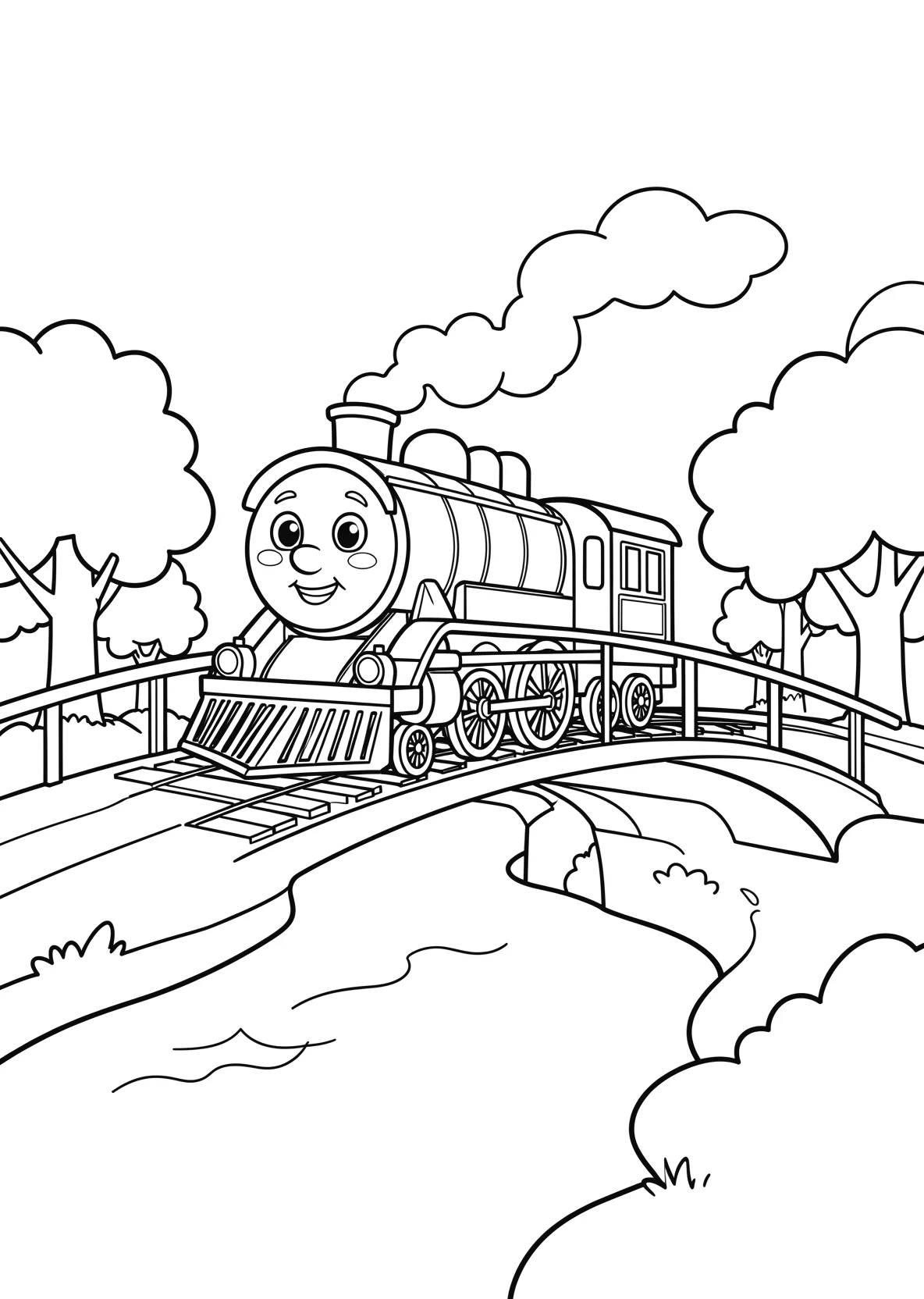 Ausmalbild Lokomotive mit Gesicht fährt über eine Brücke - Ausmalbild aus der Kategorie Fahrzeuge - kostenlos ausdrucken