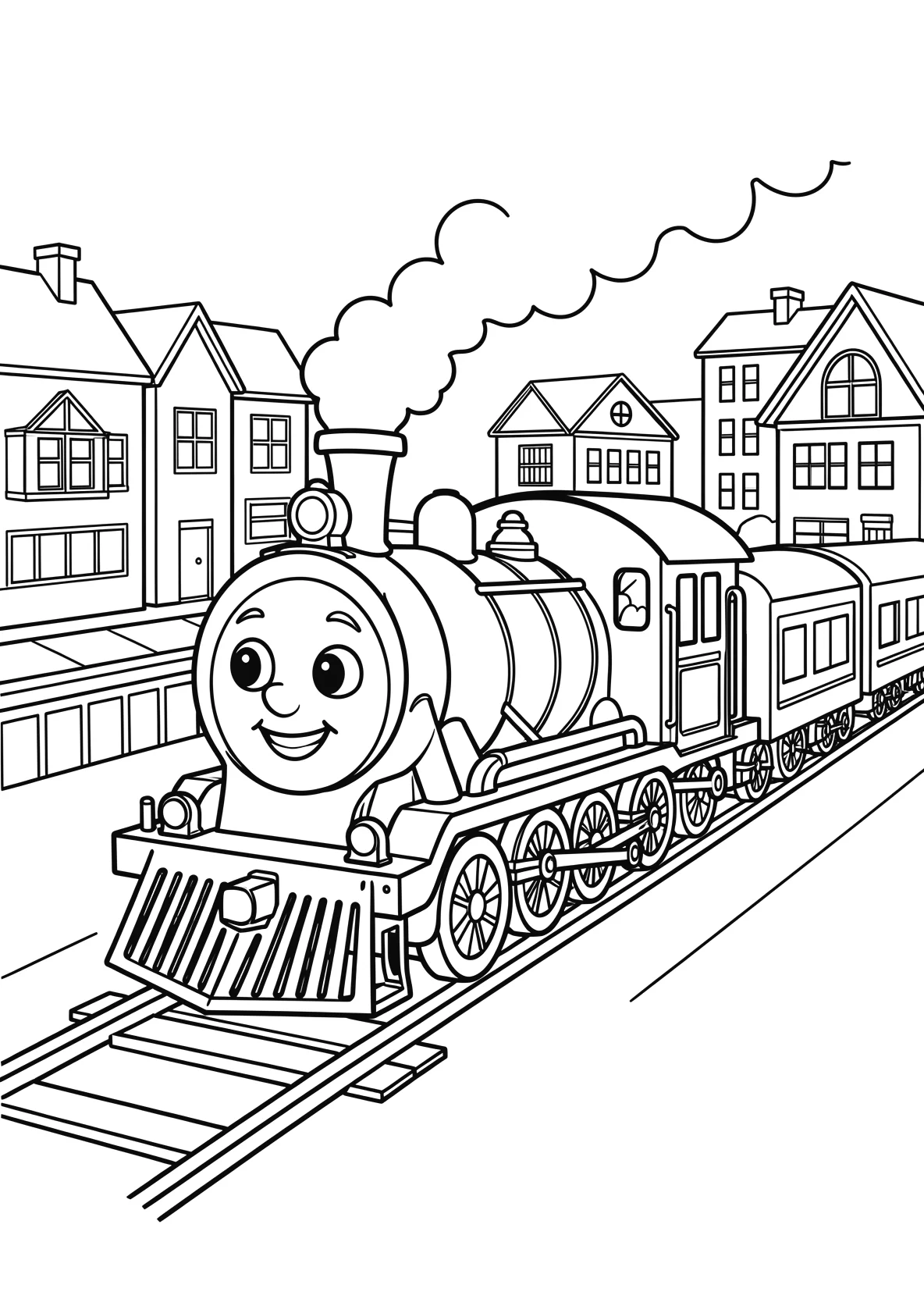 Ausmalbild Freundliche Lokomotive mit Gesicht fährt durch - Ausmalbild aus der Kategorie Fahrzeuge - kostenlos ausdrucken