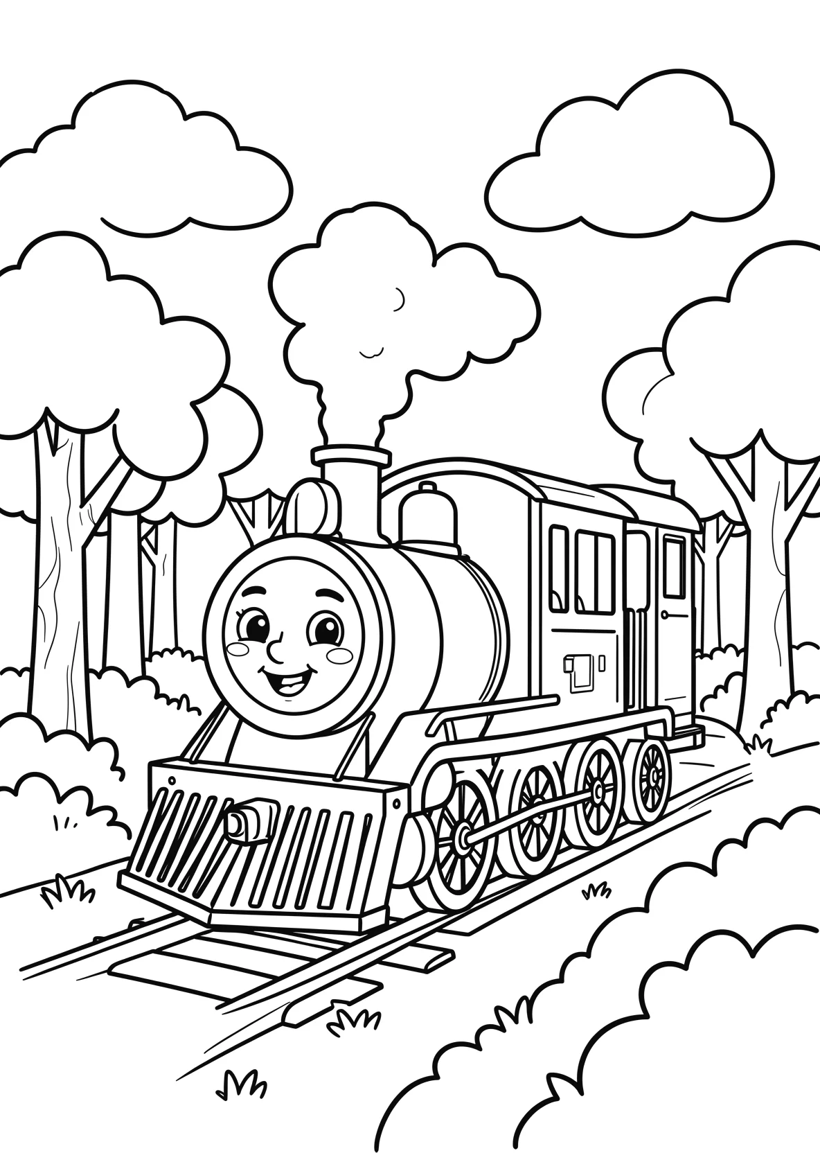 Ausmalbild Kleine Lokomotive mit Gesicht fährt durch einen - Ausmalbild aus der Kategorie Fahrzeuge - kostenlos ausdrucken