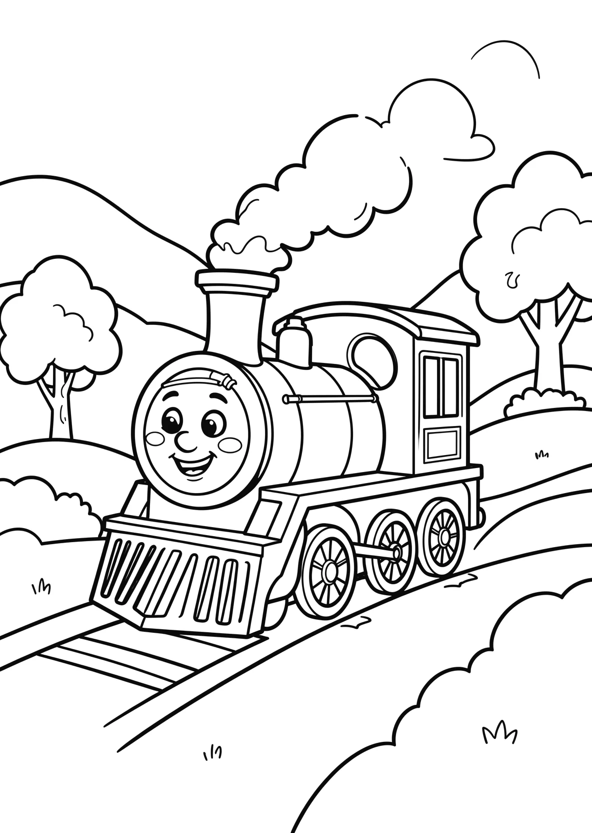 Ausmalbild Fröhliche kleine Lokomotive mit Gesicht fährt - Ausmalbild aus der Kategorie Fahrzeuge - kostenlos ausdrucken