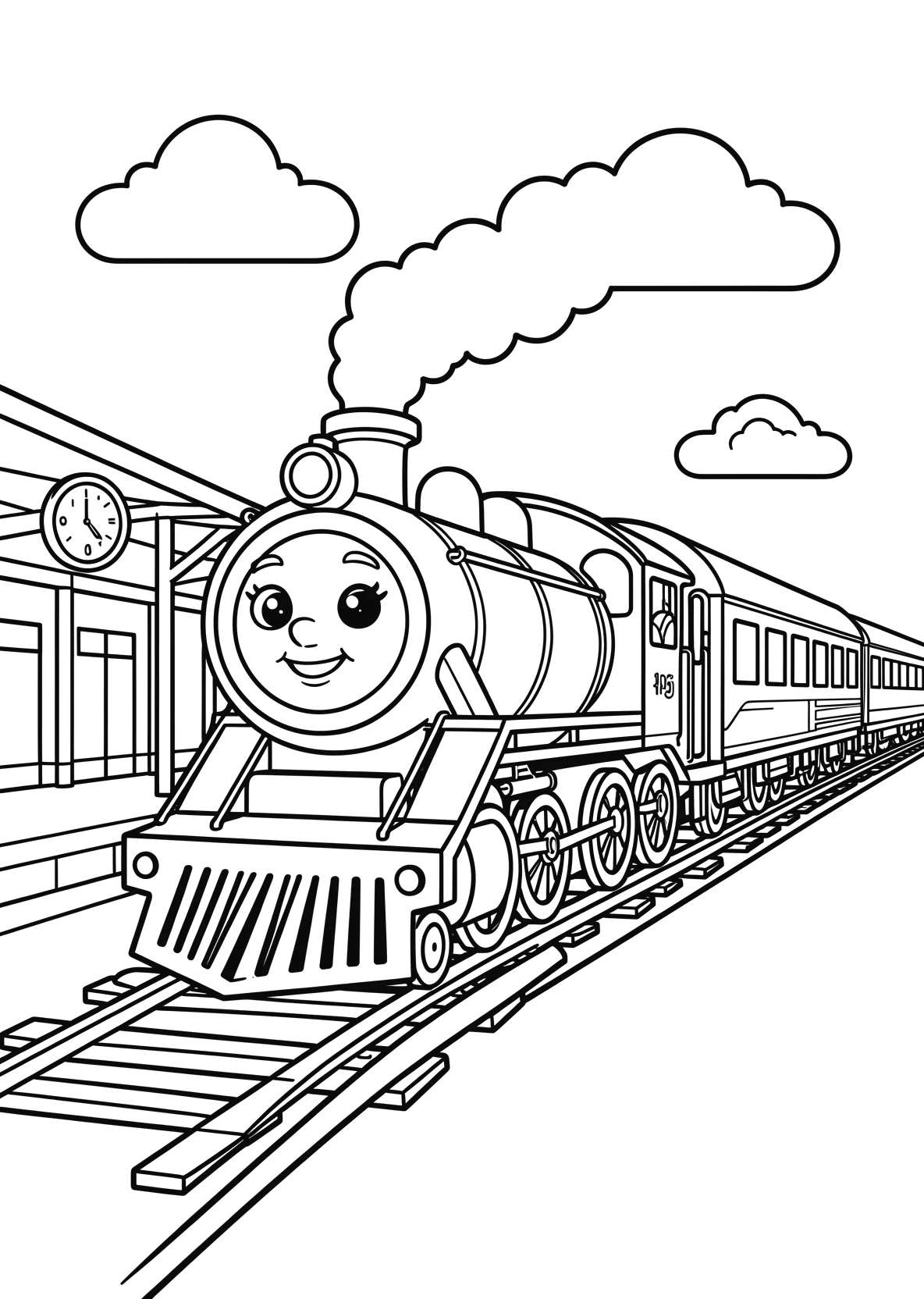 Ausmalbild Dampflok mit Gesicht steht an einem Bahnhof mit - Ausmalbild aus der Kategorie Fahrzeuge - kostenlos ausdrucken