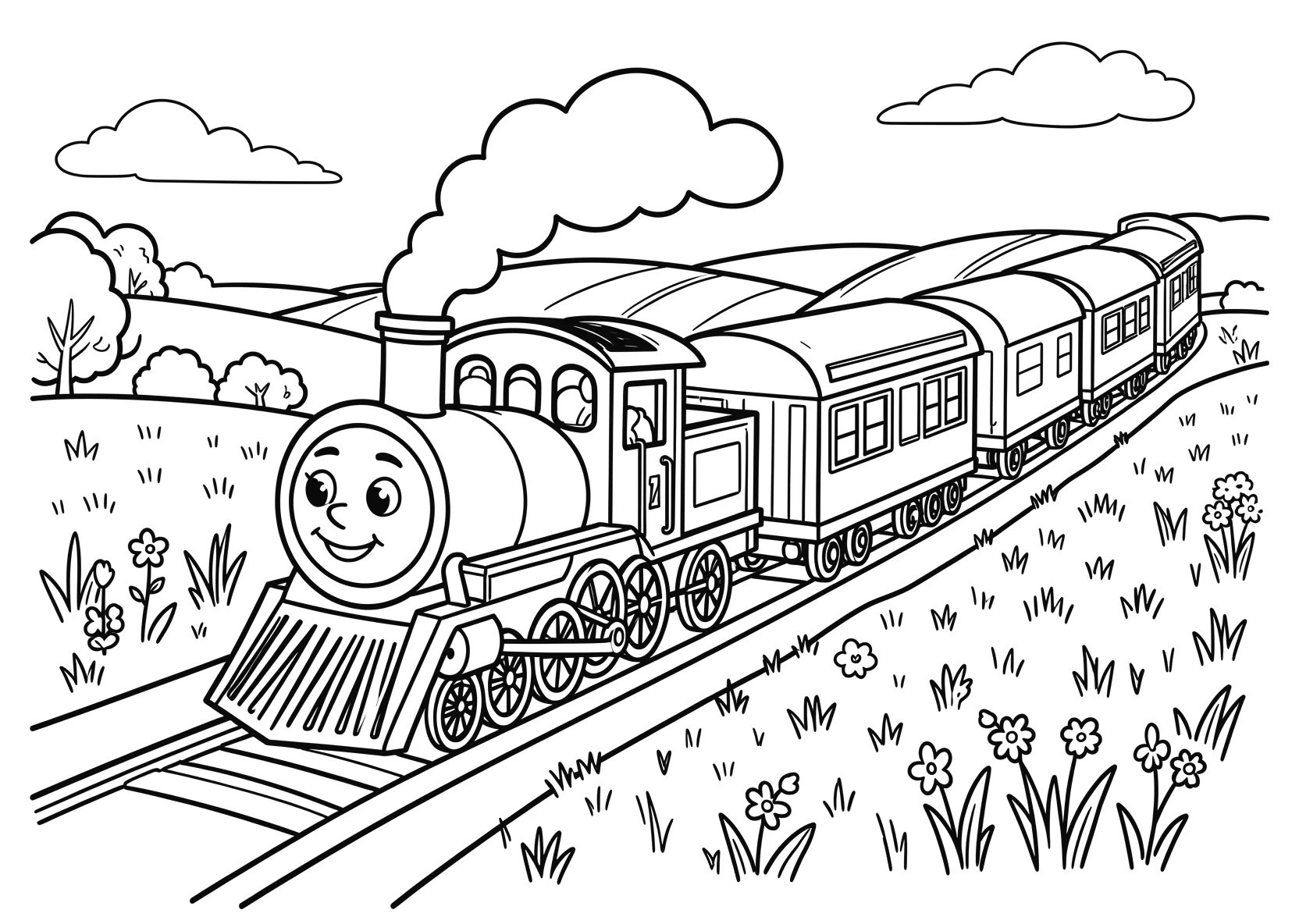 Ausmalbild Kleine Lokomotive mit Gesicht zieht mehrere - Ausmalbild aus der Kategorie Fahrzeuge - kostenlos ausdrucken