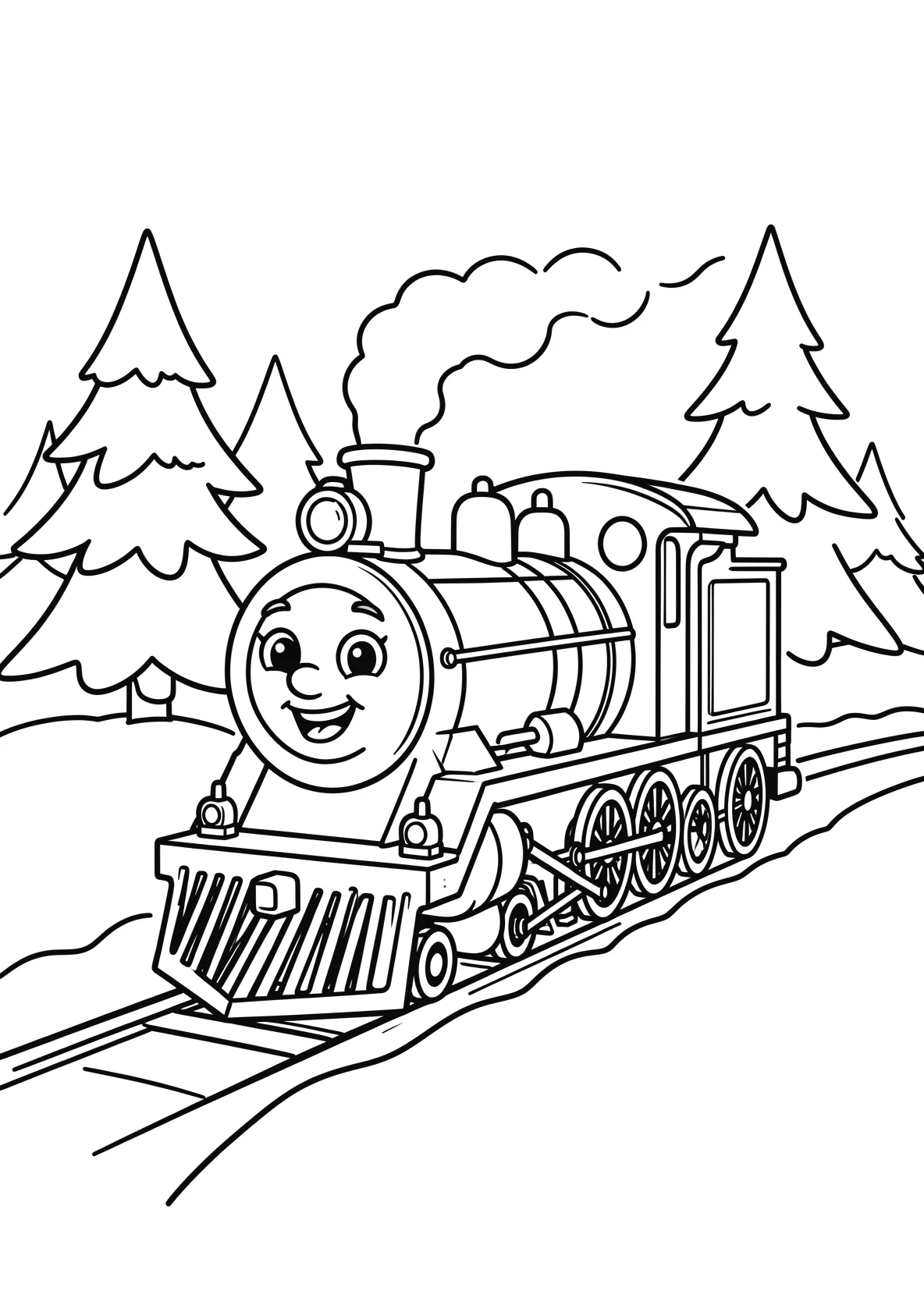Ausmalbild Fröhliche Dampflok mit Gesicht fährt durch eine - Ausmalbild aus der Kategorie Fahrzeuge - kostenlos ausdrucken