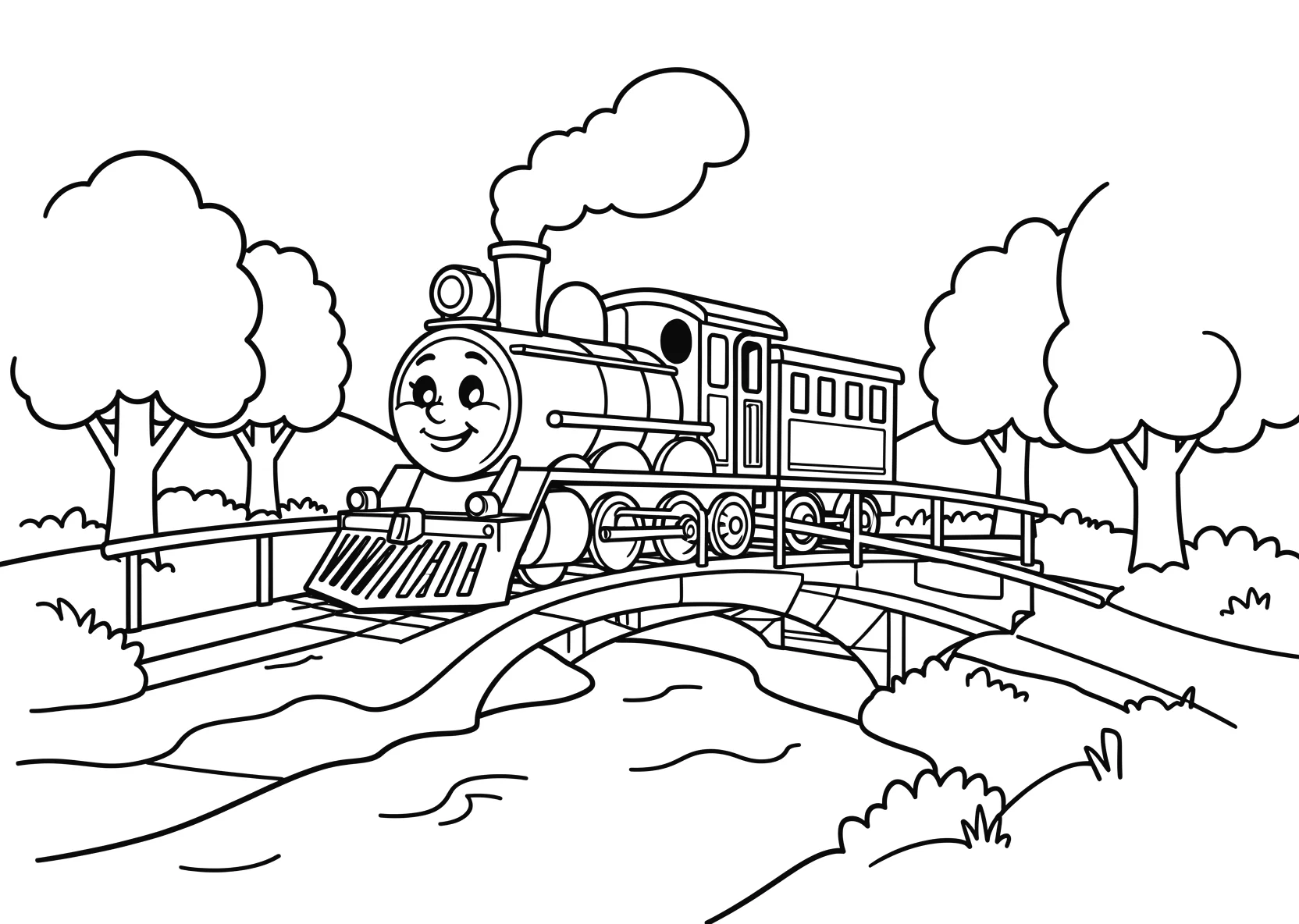 Ausmalbild Lokomotive mit Gesicht fährt über eine Brücke - Ausmalbild aus der Kategorie Fahrzeuge - kostenlos ausdrucken