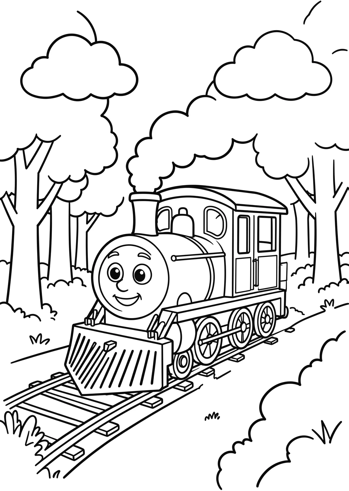 Ausmalbild Kleine Lokomotive mit Gesicht fährt durch einen - Ausmalbild aus der Kategorie Fahrzeuge - kostenlos ausdrucken