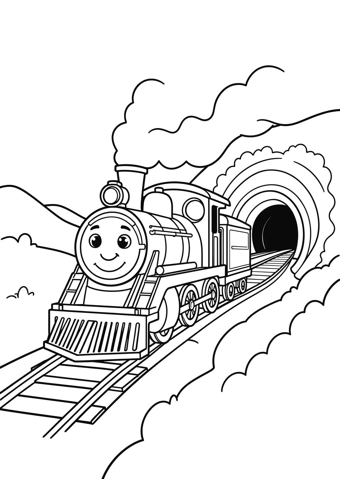 Ausmalbild Dampflok mit Gesicht fährt durch eine Landschaft - Ausmalbild aus der Kategorie Fahrzeuge - kostenlos ausdrucken