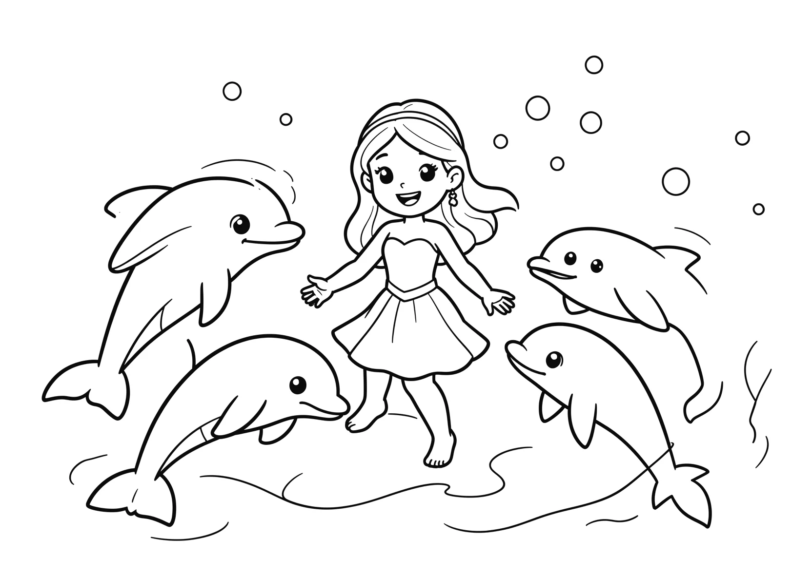 Ausmalbild Meerprinzessin spielt mit Delfinen im Meer - Ausmalbild aus der Kategorie Maerchen - kostenlos ausdrucken