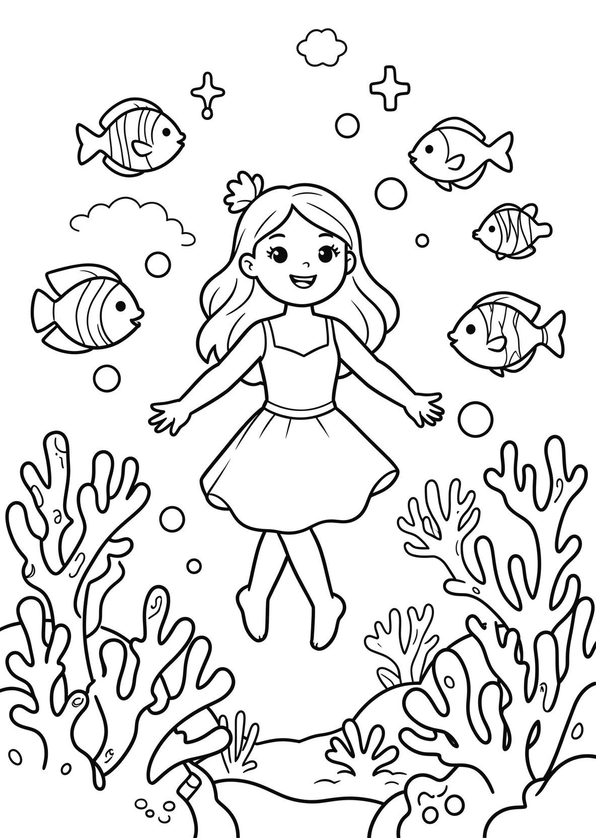 Ausmalbild Meerprinzessin schwimmt zwischen Korallen - Ausmalbild aus der Kategorie Maerchen - kostenlos ausdrucken