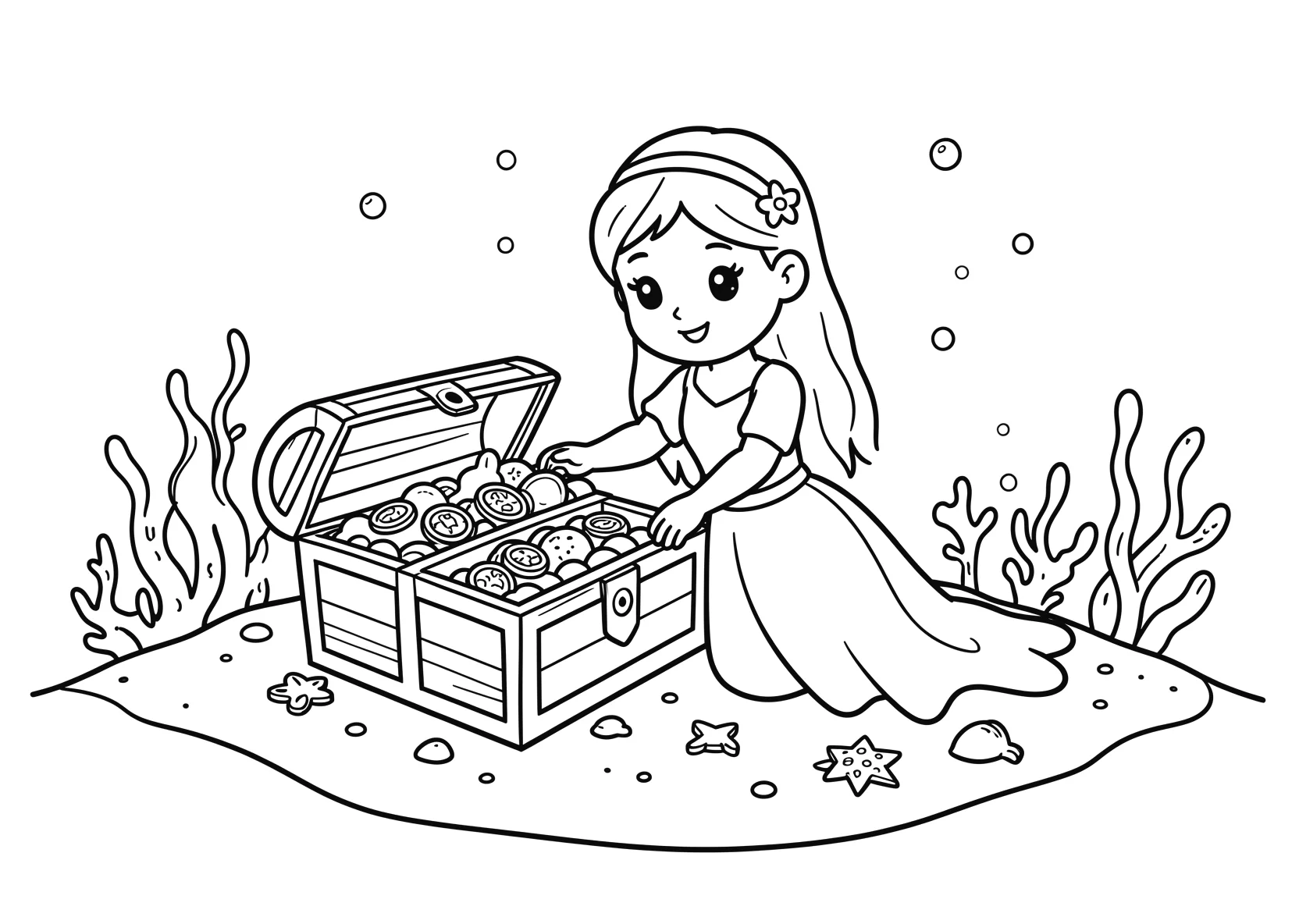 Ausmalbild Meerprinzessin entdeckt eine Schatztruhe auf dem - Ausmalbild aus der Kategorie Maerchen - kostenlos ausdrucken