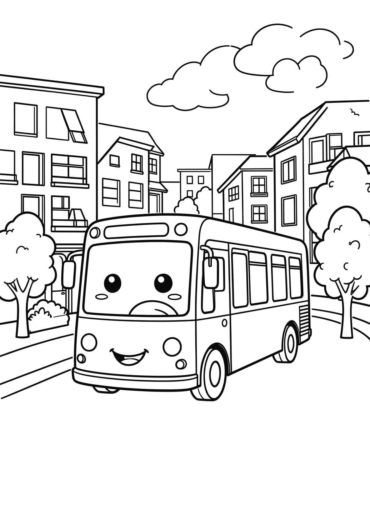 Ausmalbild Freundlicher Bus mit Gesicht fährt durch eine - Ausmalbild aus der Kategorie Fahrzeuge - kostenlos ausdrucken