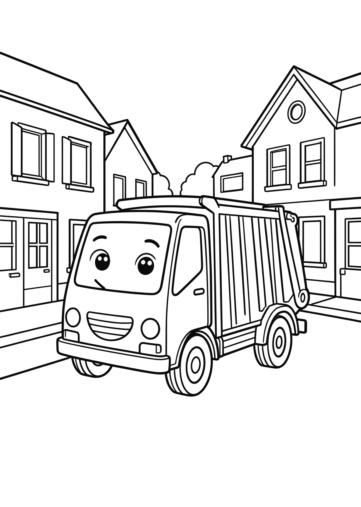 Ausmalbild Müllwagen mit Gesicht fährt durch eine Straße mit - Ausmalbild aus der Kategorie Fahrzeuge - kostenlos ausdrucken