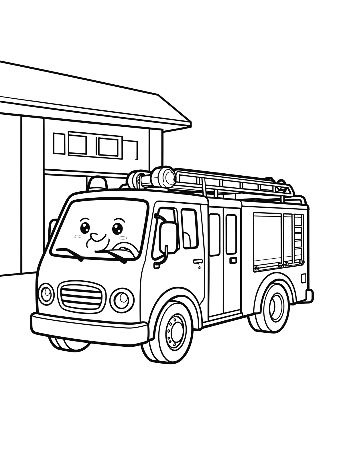 Ausmalbild Feuerwehrauto mit Gesicht steht vor einer - Ausmalbild aus der Kategorie Fahrzeuge - kostenlos ausdrucken