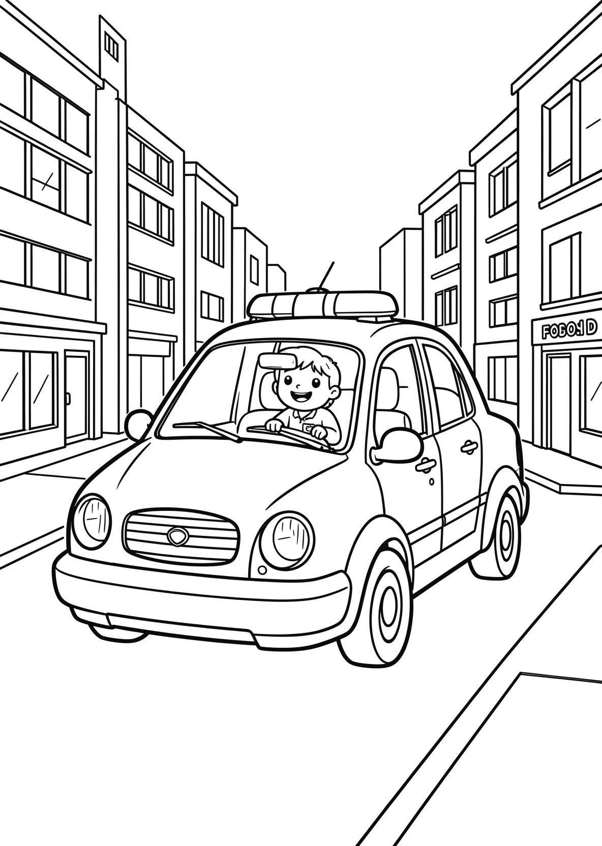 Ausmalbild Polizeiauto mit Gesicht fährt durch eine - Ausmalbild aus der Kategorie Fahrzeuge - kostenlos ausdrucken