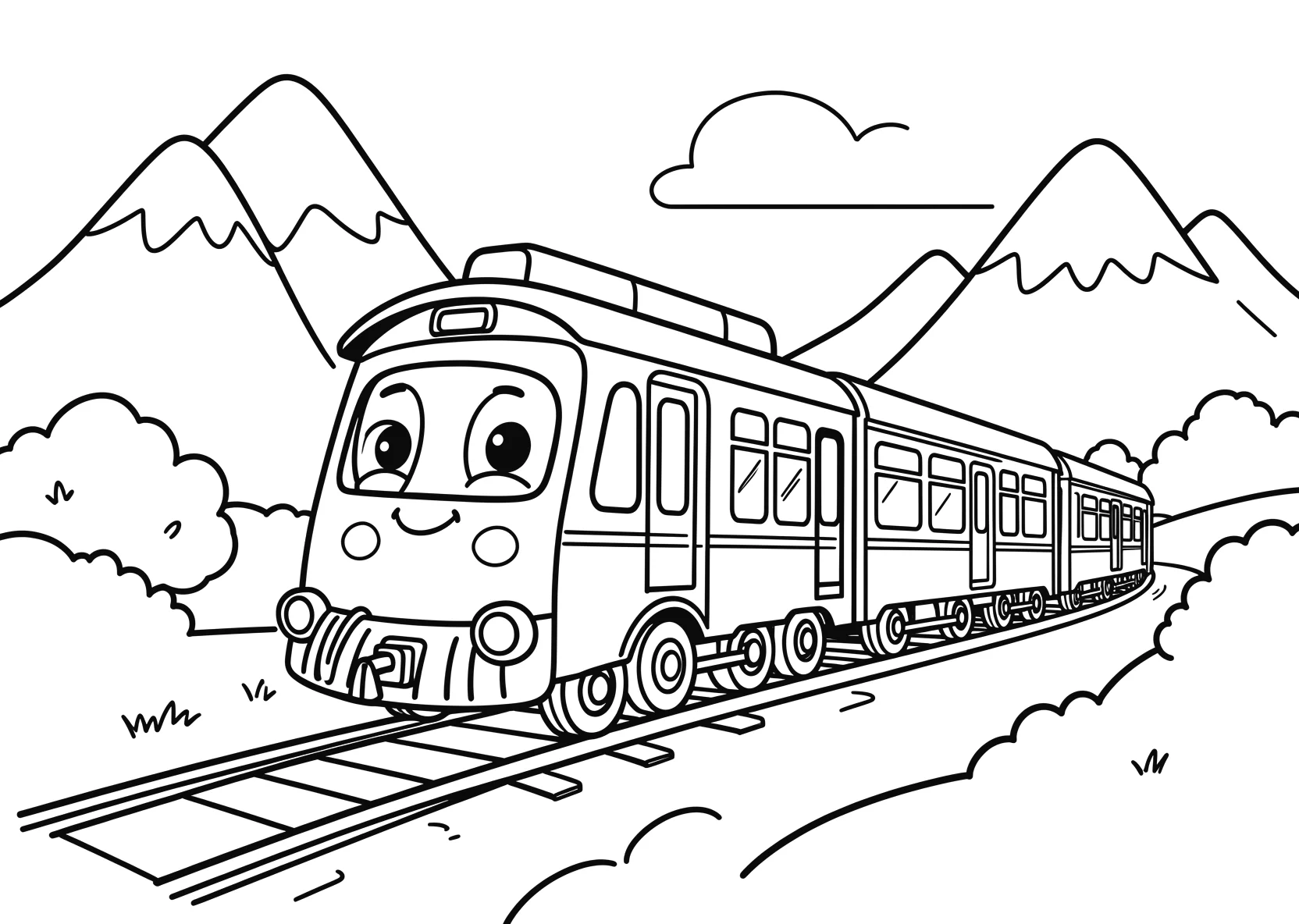 Ausmalbild Zug mit Gesicht fährt durch eine Landschaft mit - Ausmalbild aus der Kategorie Natur - kostenlos ausdrucken
