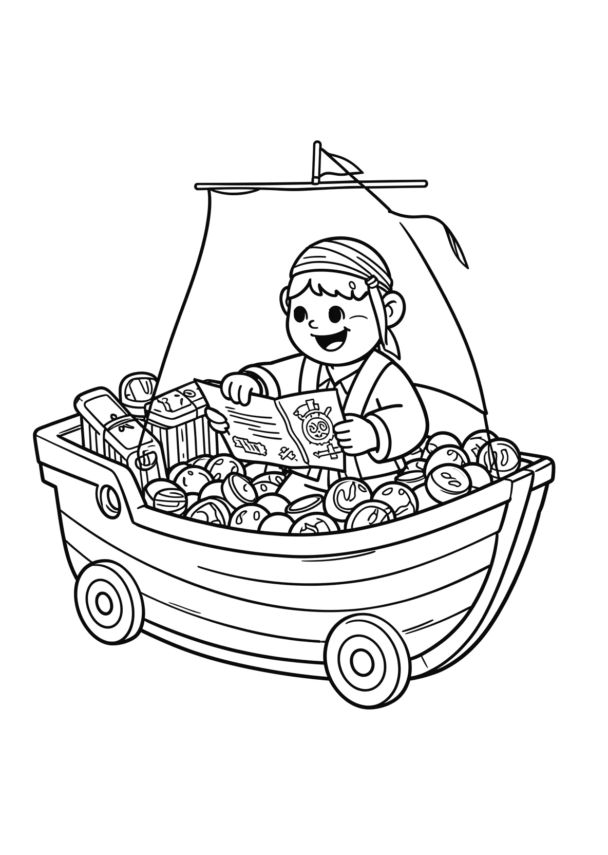 Ausmalbild Pirat entdeckt eine Schatzkarte auf einem Schiff - Ausmalbild aus der Kategorie Maerchen - kostenlos ausdrucken