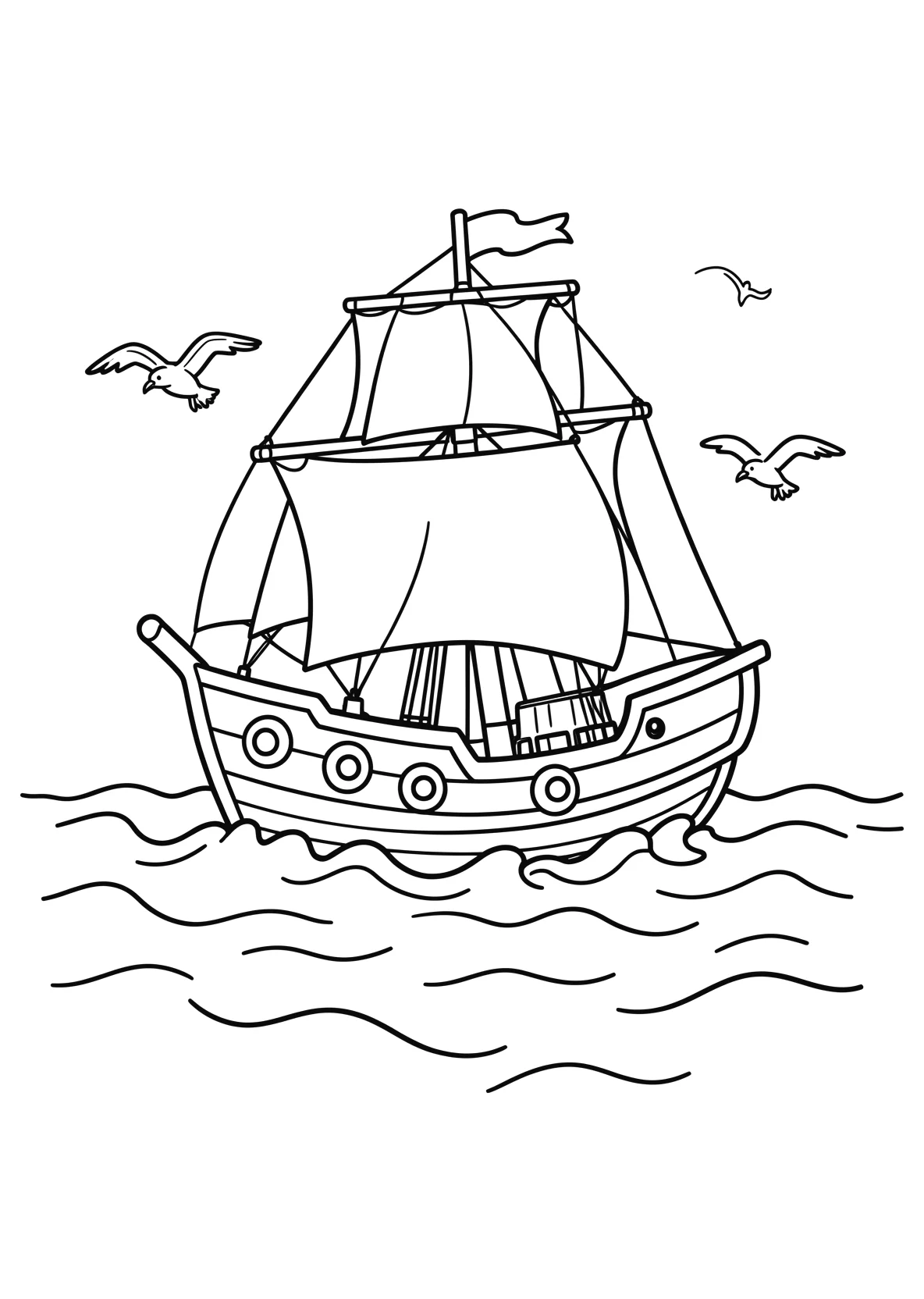 Ausmalbild Piratenschiff fährt über das Meer mit Wellen - Ausmalbild aus der Kategorie Maerchen - kostenlos ausdrucken