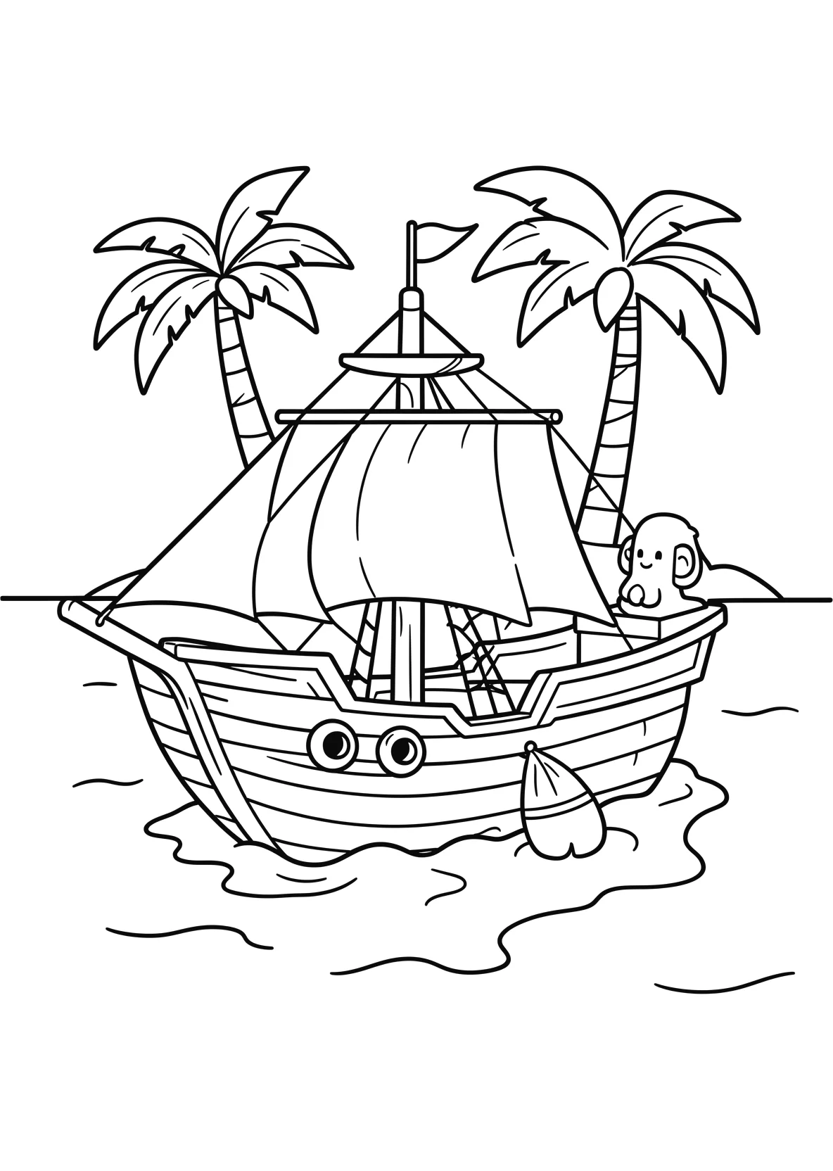 Ausmalbild Piratenschiff ankert vor einer Insel mit Palmen - Ausmalbild aus der Kategorie Maerchen - kostenlos ausdrucken