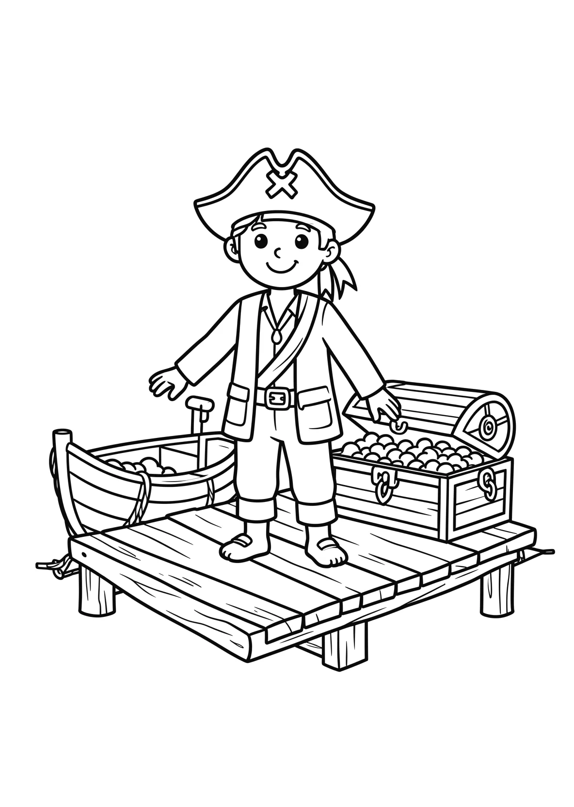 Ausmalbild Pirat steht auf einem Steg mit Boot - Ausmalbild aus der Kategorie Maerchen - kostenlos ausdrucken