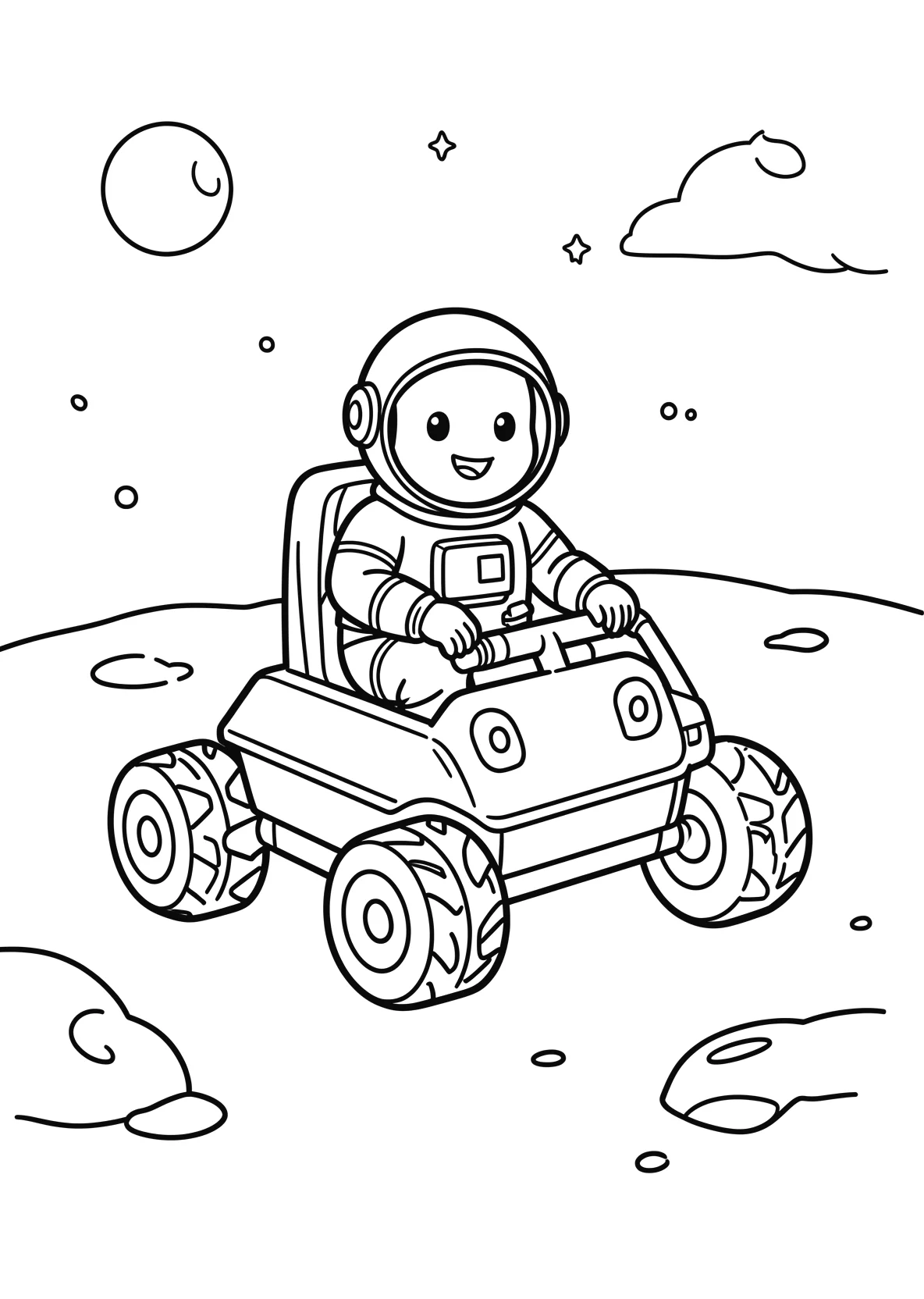 Ausmalbild Astronaut fährt mit einem Rover über - Ausmalbild aus der Kategorie Berufe - kostenlos ausdrucken