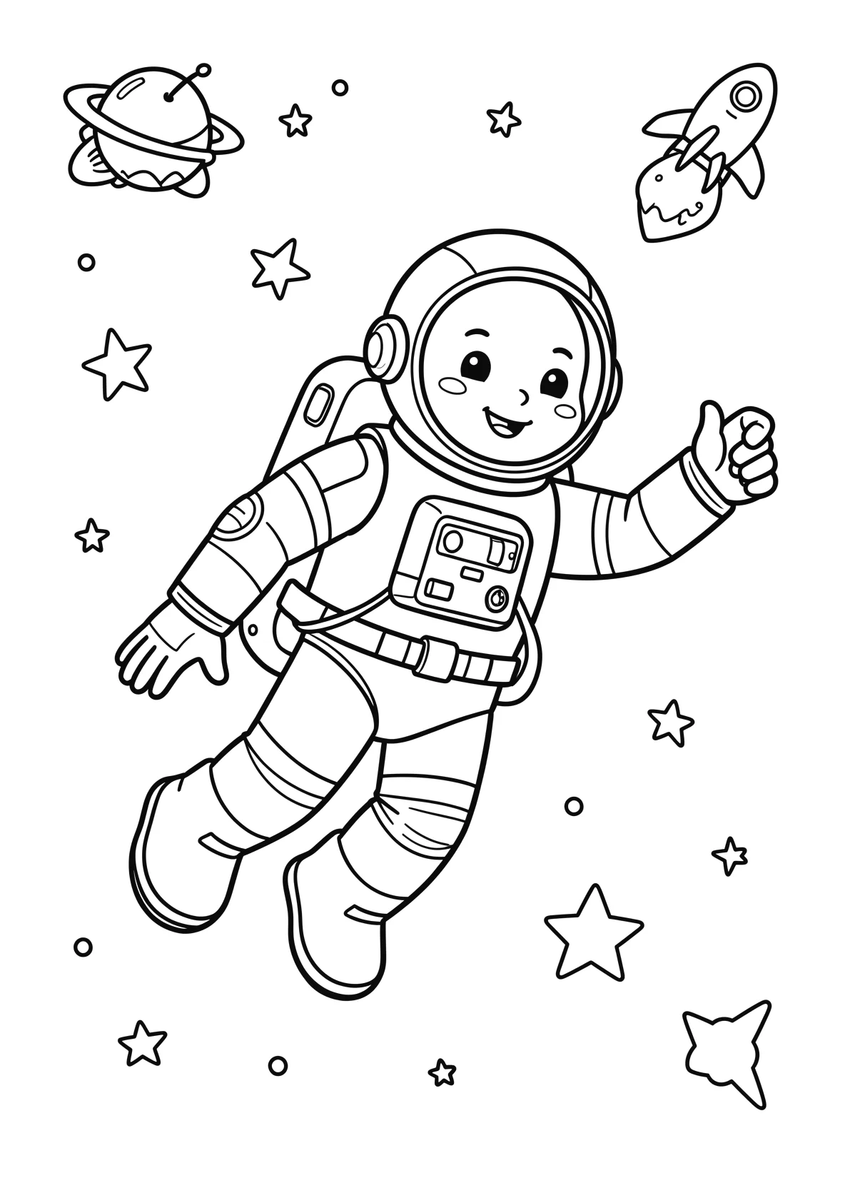 Ausmalbild Astronaut fliegt mit einem Jetpack durch den - Ausmalbild aus der Kategorie Berufe - kostenlos ausdrucken