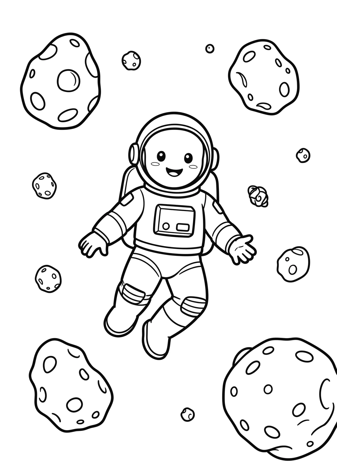 Ausmalbild Astronaut schwebt zwischen Asteroiden im Weltraum - Ausmalbild aus der Kategorie Berufe - kostenlos ausdrucken