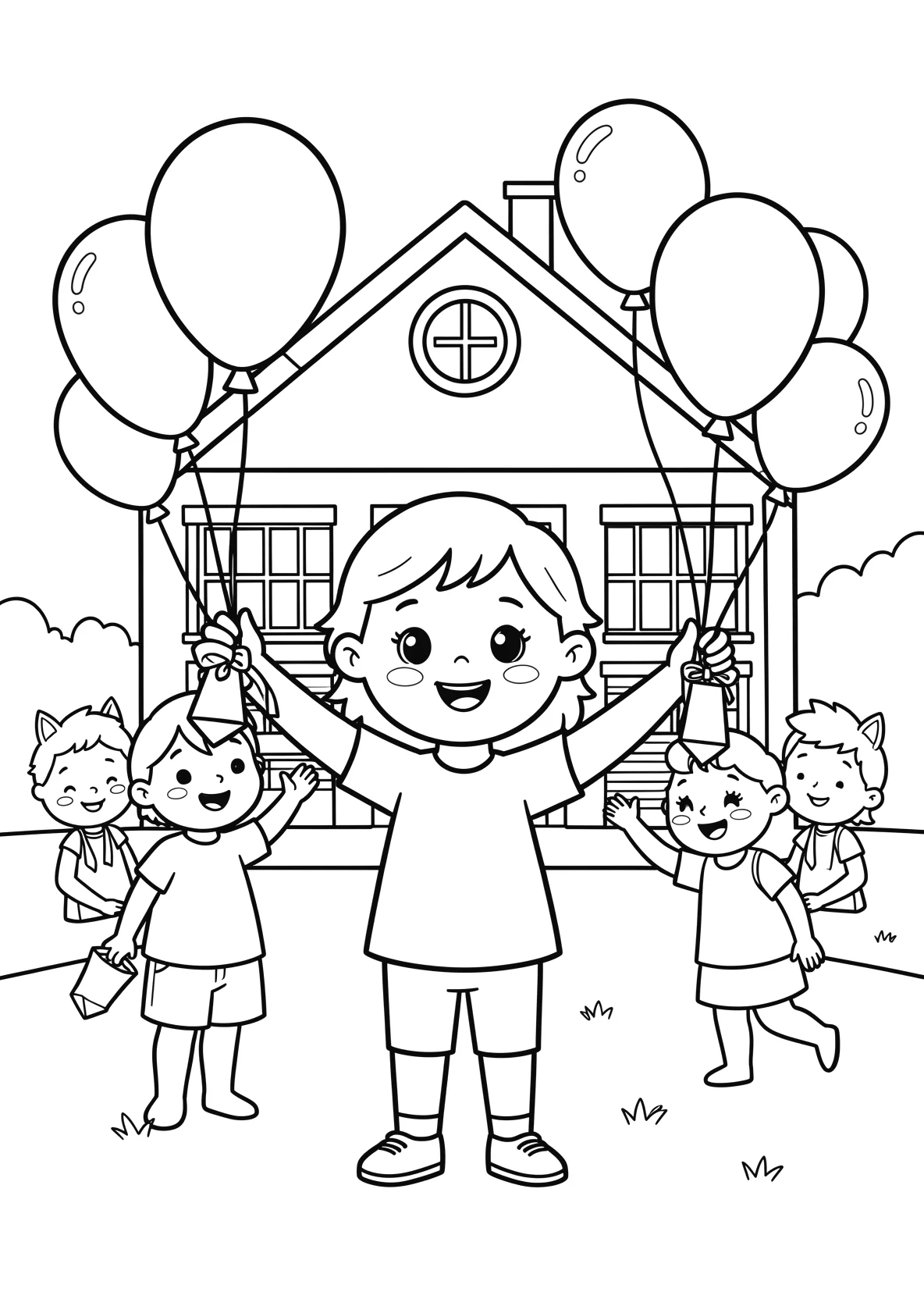 Ausmalbild Kinder feiern ihre Einschulung vor einer Schule - Ausmalbild aus der Kategorie Feiertage - kostenlos ausdrucken