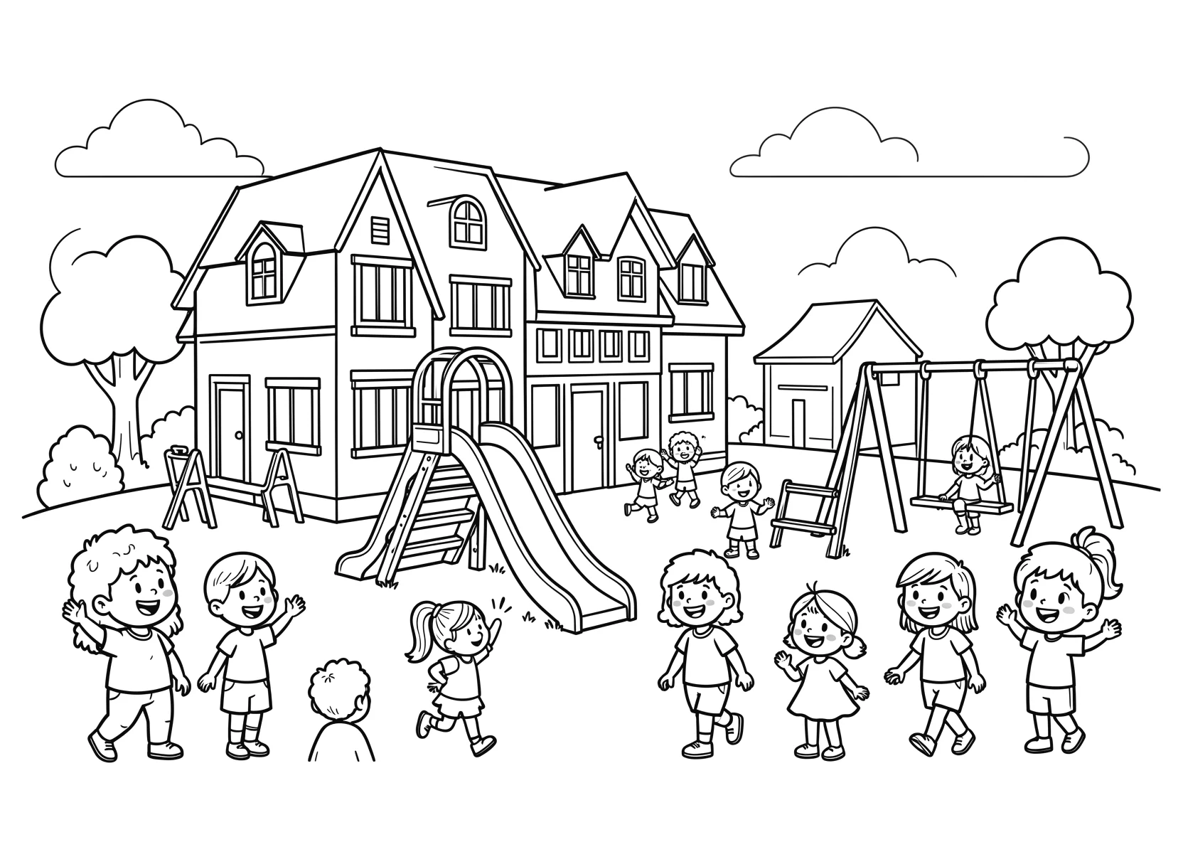 Ausmalbild Kindergarten mit buntem Gebäude - Ausmalbild aus der Kategorie Berufe - kostenlos ausdrucken