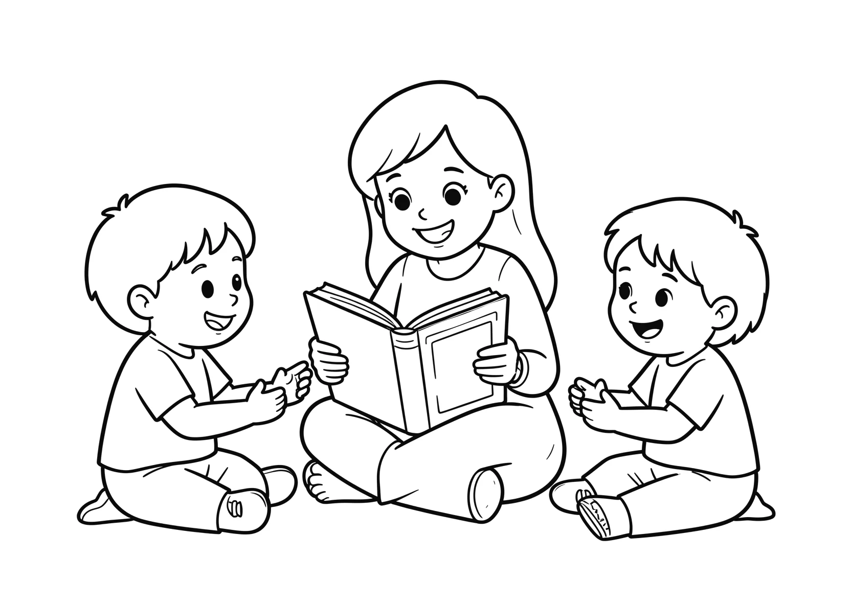 Ausmalbild Kinder hören einer Erzieherin zu - Ausmalbild aus der Kategorie Berufe - kostenlos ausdrucken