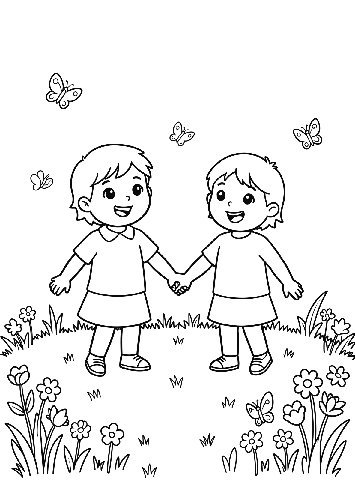 Ausmalbild Zwei Kinder halten sich an den Händen auf einer - Ausmalbild aus der Kategorie Natur - kostenlos ausdrucken