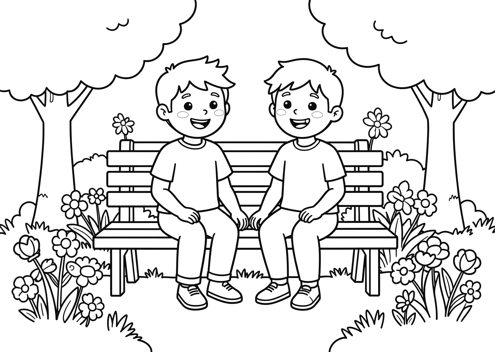 Ausmalbild Zwei beste Freunde sitzen auf einer Bank im Park - Ausmalbild aus der Kategorie Natur - kostenlos ausdrucken