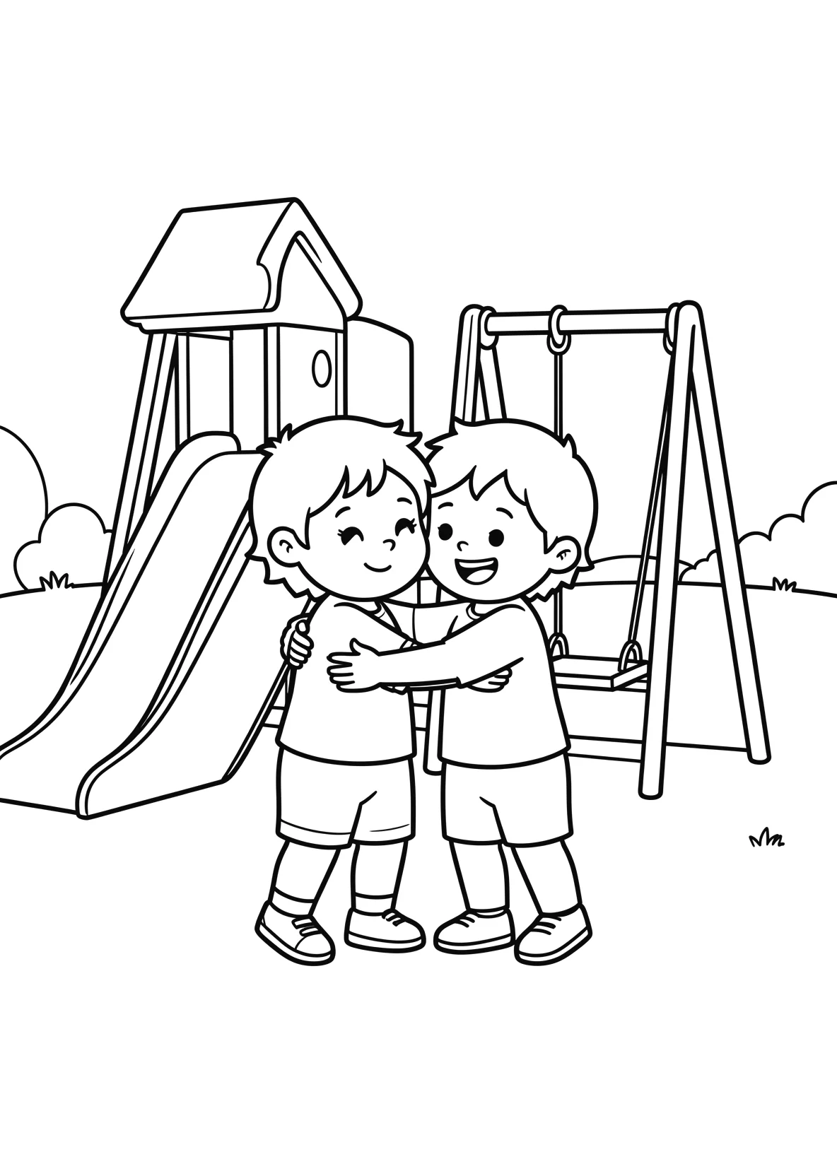 Ausmalbild Kinder umarmen sich auf einem Spielplatz mit - Ausmalbild aus der Kategorie Berufe - kostenlos ausdrucken