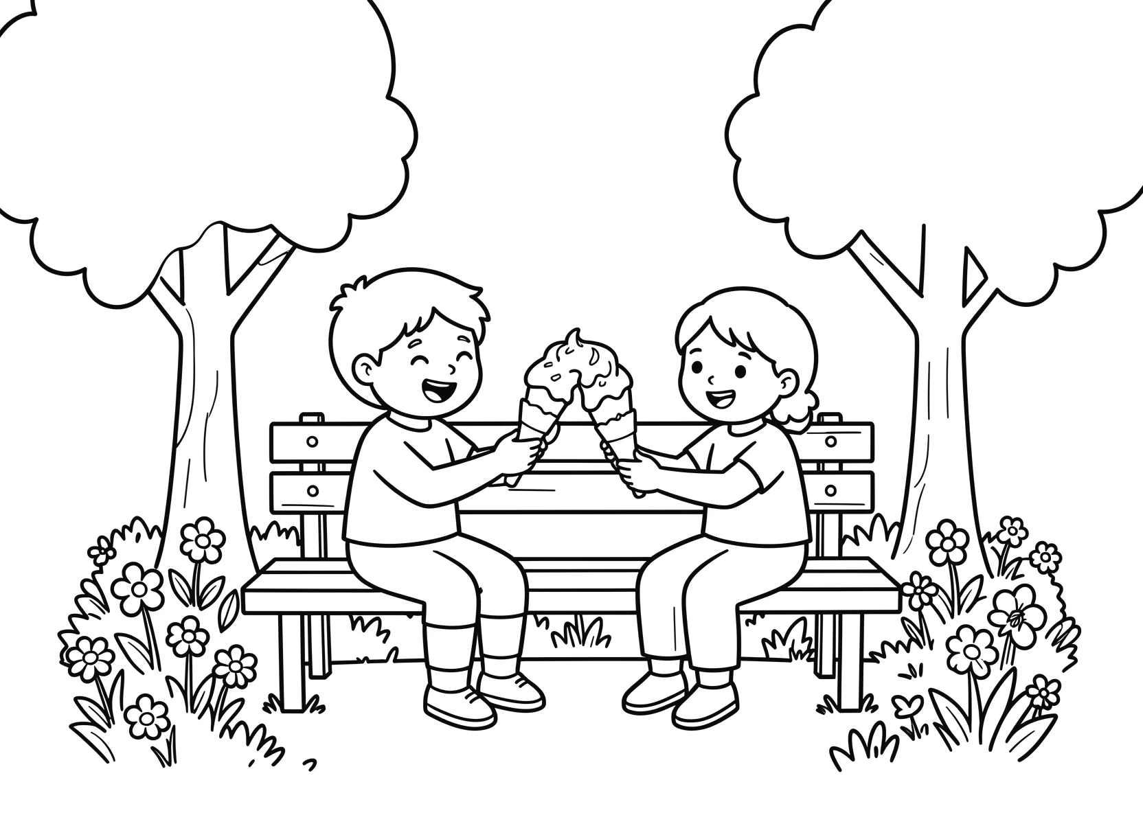 Ausmalbild Freunde teilen ein Eis auf einer Parkbank mit - Ausmalbild aus der Kategorie Essen - kostenlos ausdrucken