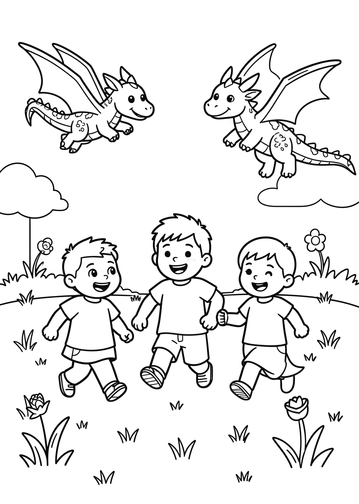 Ausmalbild Kinder laufen zusammen über eine Wiese mit - Ausmalbild aus der Kategorie Maerchen - kostenlos ausdrucken