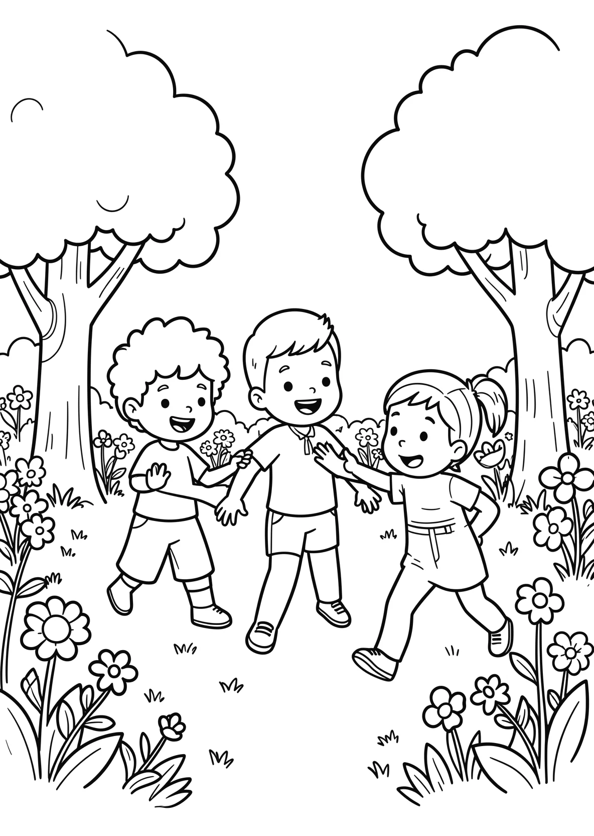 Ausmalbild Freunde spielen Fangen in einem Garten mit Bäumen - Ausmalbild aus der Kategorie Natur - kostenlos ausdrucken