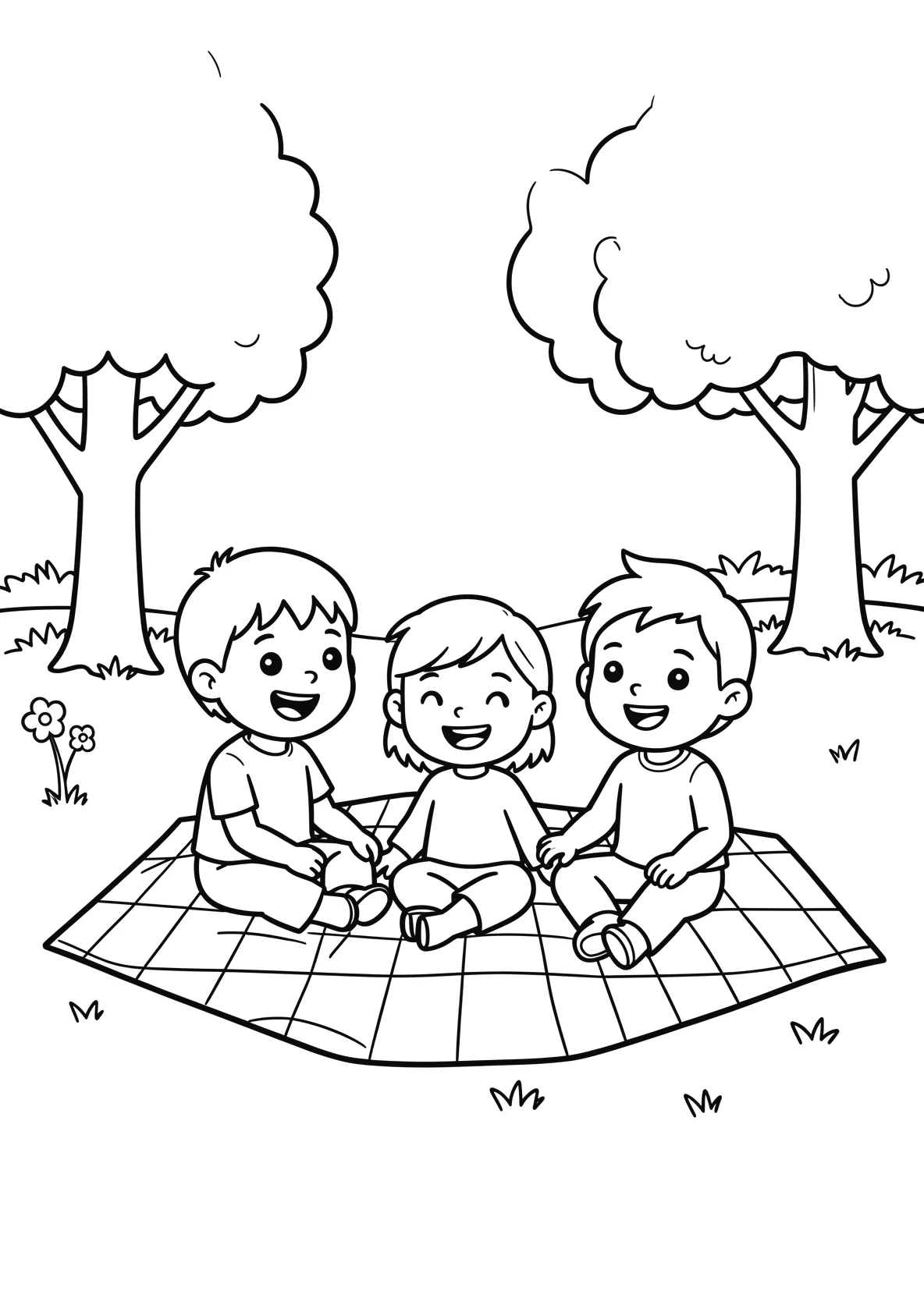 Ausmalbild Kinder sitzen zusammen auf einer Picknickdecke im - Ausmalbild aus der Kategorie Sonstiges - kostenlos ausdrucken